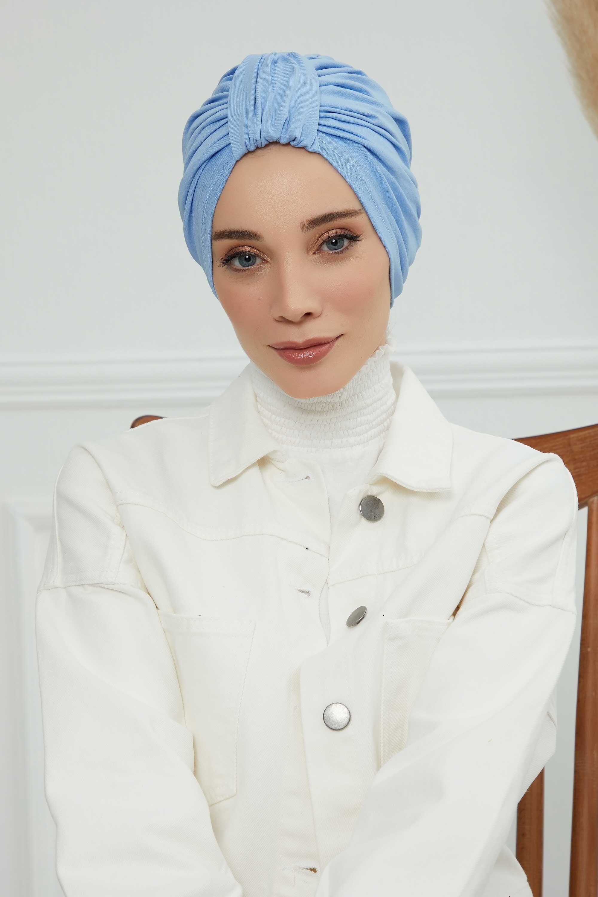 Chic Design Cotton Instant Turban Hijab for Women, Beautiful Pre-tied Turban Bonnet for Women, Trendy Fashionable Cancer Chemo Headwear,B-68 Blue