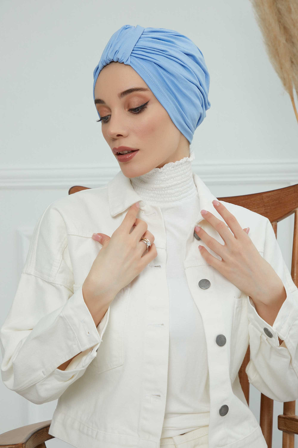 Chic Design Cotton Instant Turban Hijab for Women, Beautiful Pre-tied Turban Bonnet for Women, Trendy Fashionable Cancer Chemo Headwear,B-68 Blue