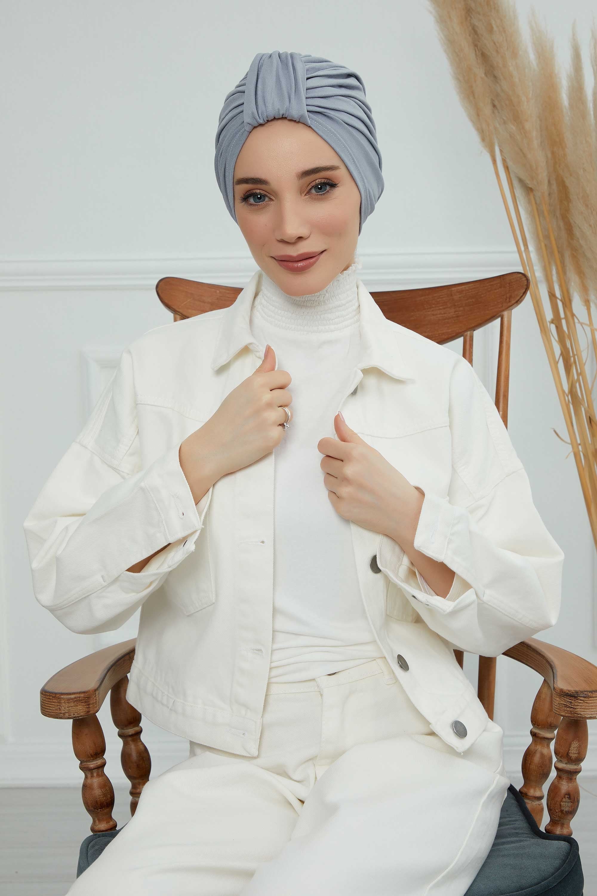 Chic Design Cotton Instant Turban Hijab for Women, Beautiful Pre-tied Turban Bonnet for Women, Trendy Fashionable Cancer Chemo Headwear,B-68 Grey 2