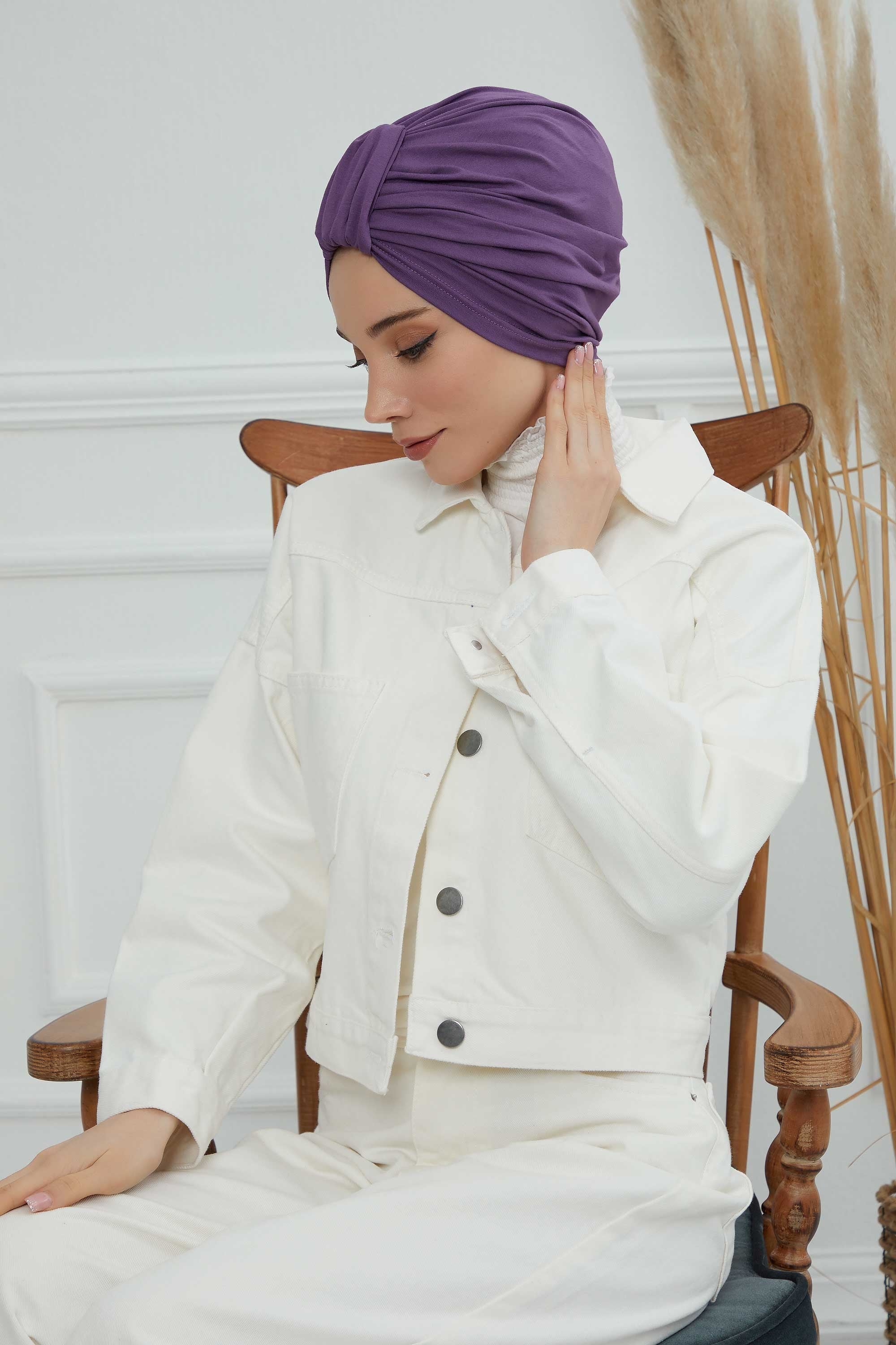 Chic Design Cotton Instant Turban Hijab for Women, Beautiful Pre-tied Turban Bonnet for Women, Trendy Fashionable Cancer Chemo Headwear,B-68 Purple 2