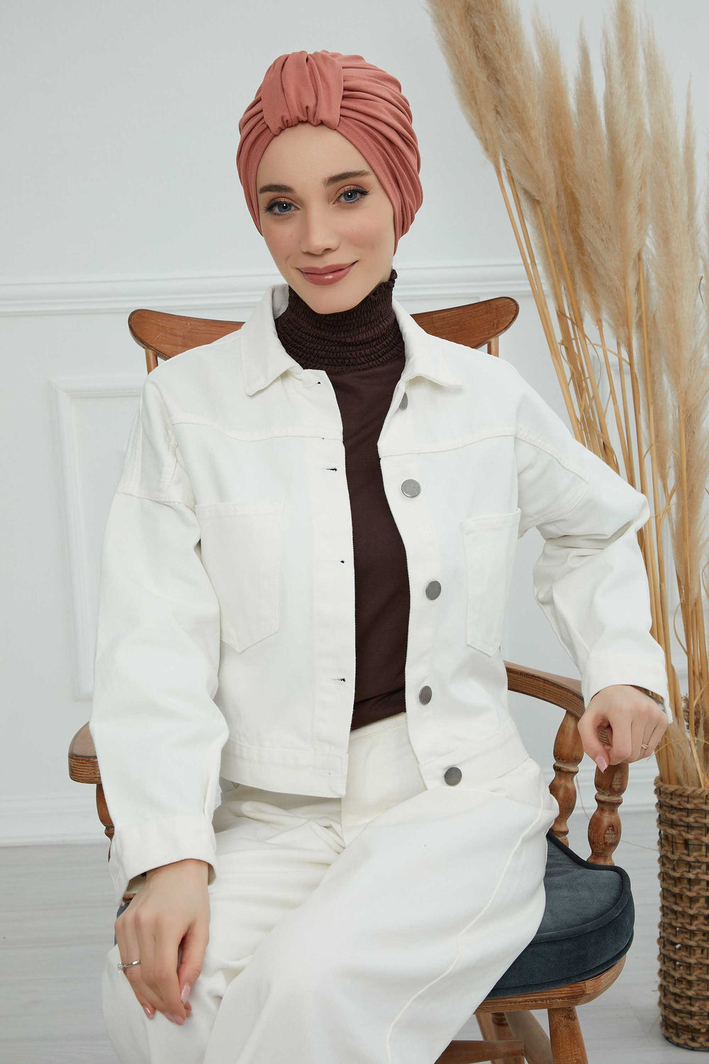 Chic Design Cotton Instant Turban Hijab for Women, Beautiful Pre-tied Turban Bonnet for Women, Trendy Fashionable Cancer Chemo Headwear,B-68 Salmon