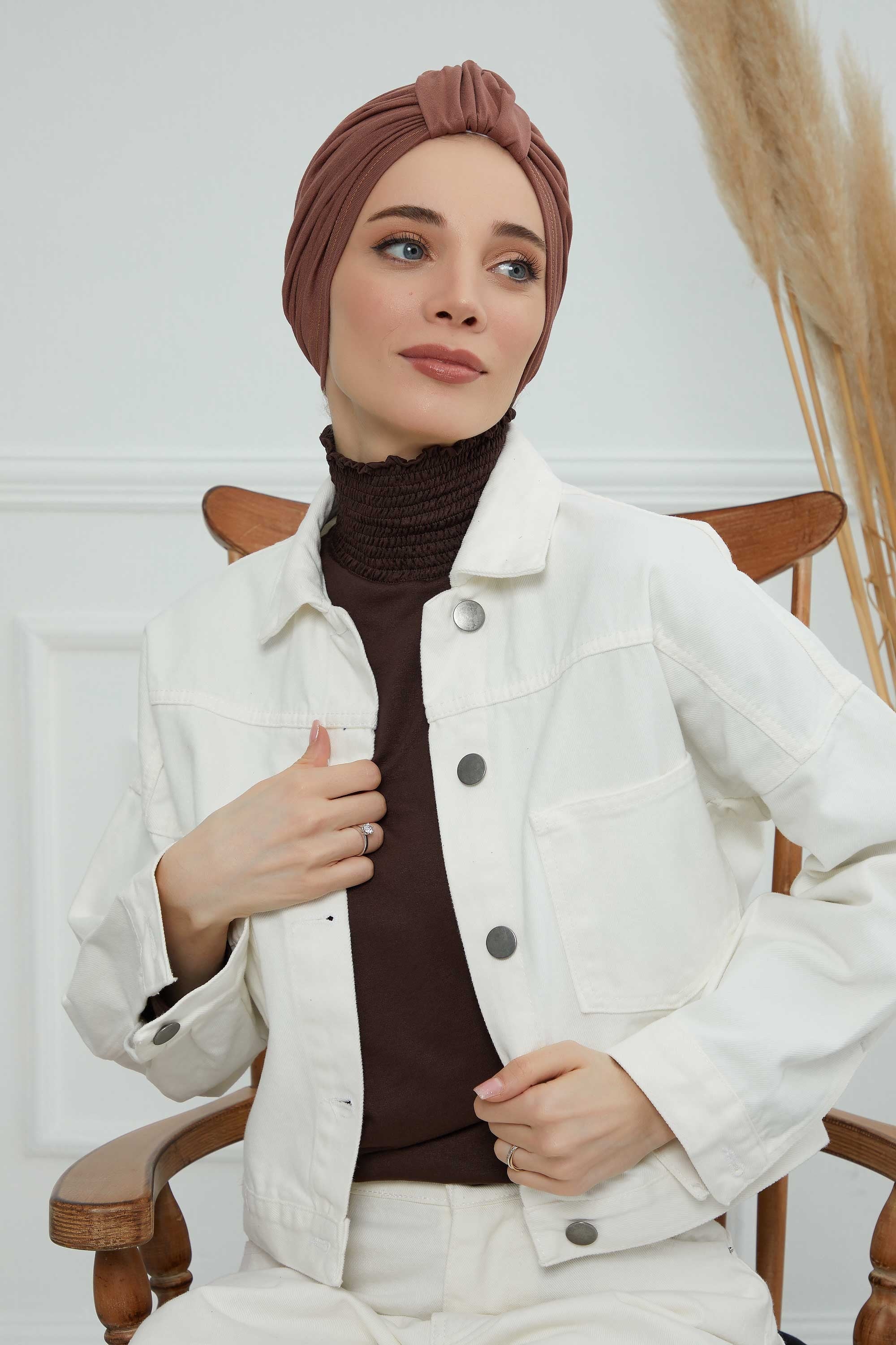 Chic Design Cotton Instant Turban Hijab for Women, Beautiful Pre-tied Turban Bonnet for Women, Trendy Fashionable Cancer Chemo Headwear,B-68 Caramel Brown