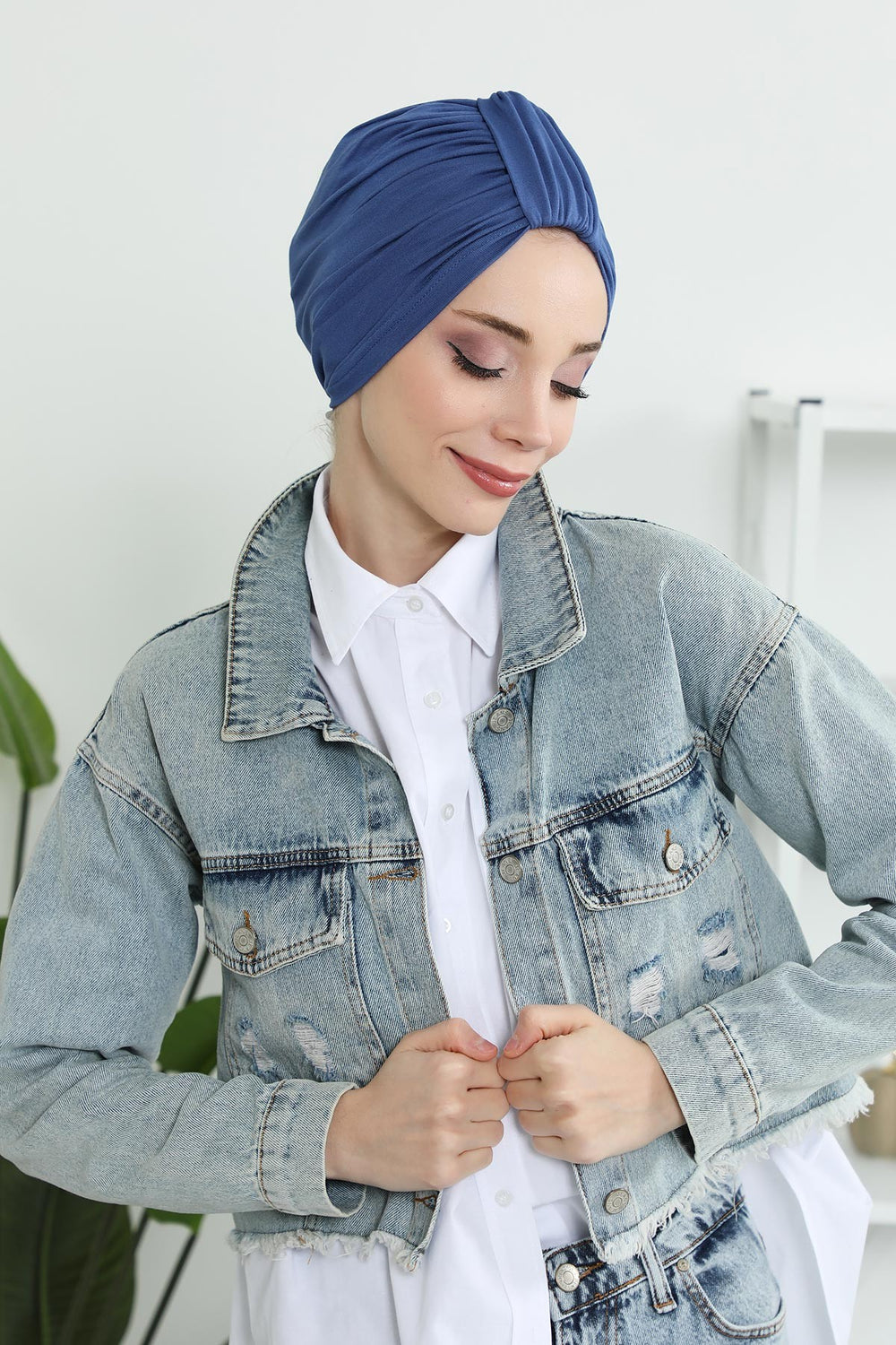 Chic Design Cotton Instant Turban Hijab for Women, Beautiful Pre-tied Turban Bonnet for Women, Trendy Fashionable Cancer Chemo Headwear,B-68 İndigo