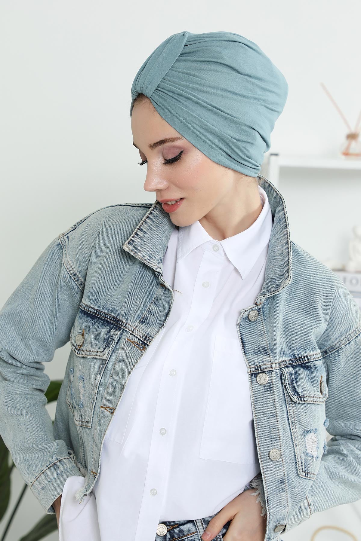 Chic Design Cotton Instant Turban Hijab for Women, Beautiful Pre-tied Turban Bonnet for Women, Trendy Fashionable Cancer Chemo Headwear,B-68 Dark Mint
