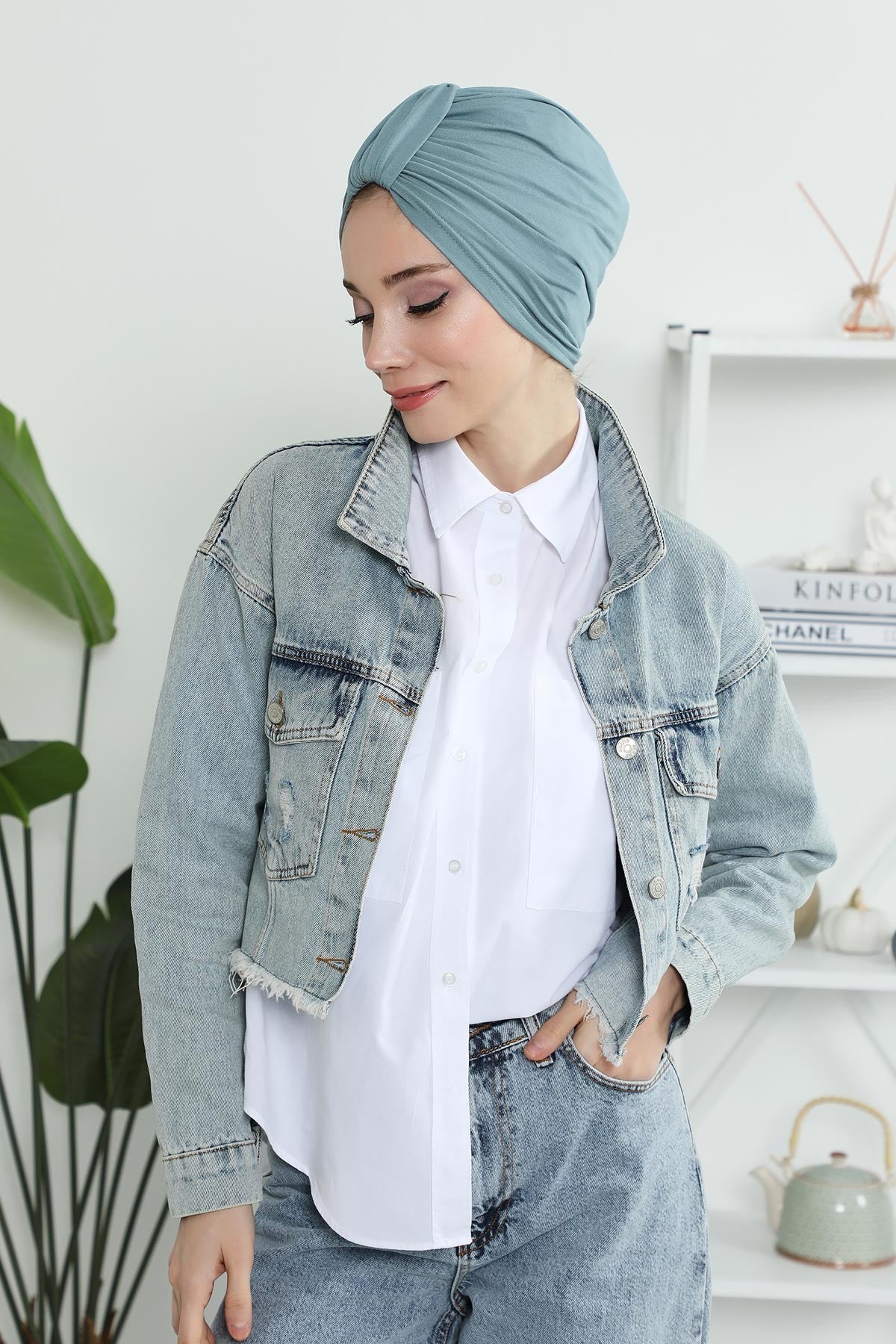 Chic Design Cotton Instant Turban Hijab for Women, Beautiful Pre-tied Turban Bonnet for Women, Trendy Fashionable Cancer Chemo Headwear,B-68 Dark Mint