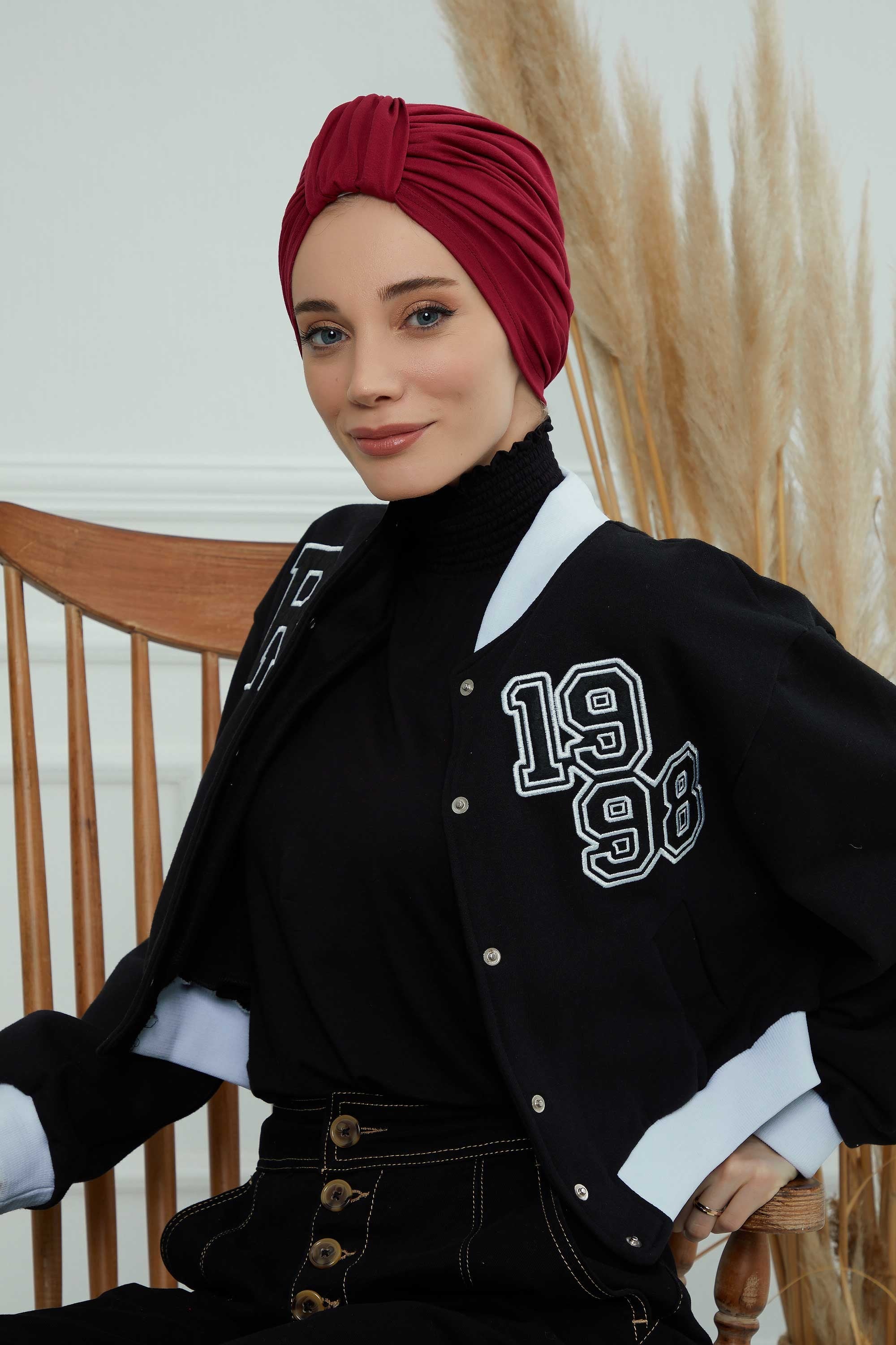 Chic Design Cotton Instant Turban Hijab for Women, Beautiful Pre-tied Turban Bonnet for Women, Trendy Fashionable Cancer Chemo Headwear,B-68 Maroon