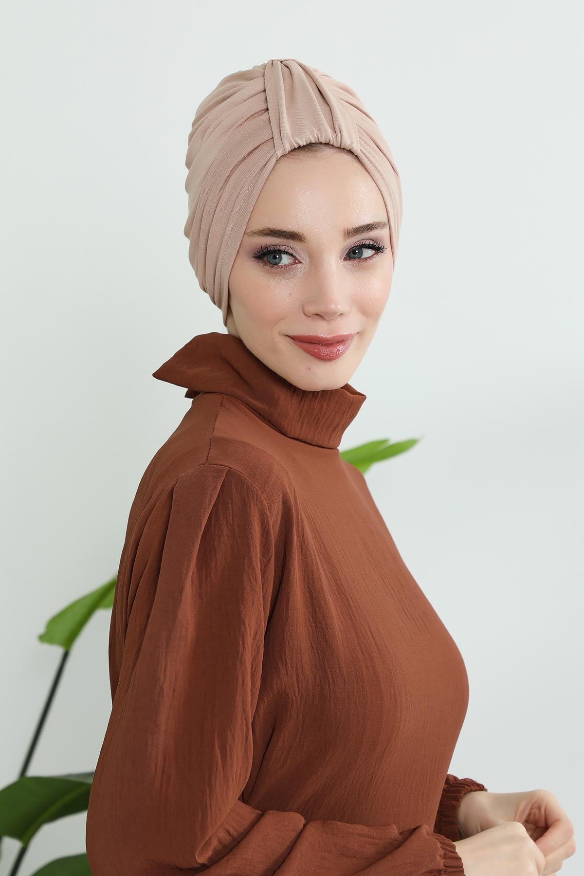 Chic Design Cotton Instant Turban Hijab for Women, Beautiful Pre-tied Turban Bonnet for Women, Trendy Fashionable Cancer Chemo Headwear,B-68 Light Mink