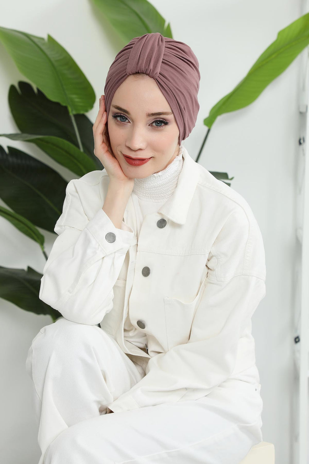 Chic Design Cotton Instant Turban Hijab for Women, Beautiful Pre-tied Turban Bonnet for Women, Trendy Fashionable Cancer Chemo Headwear,B-68 Dusty Rose