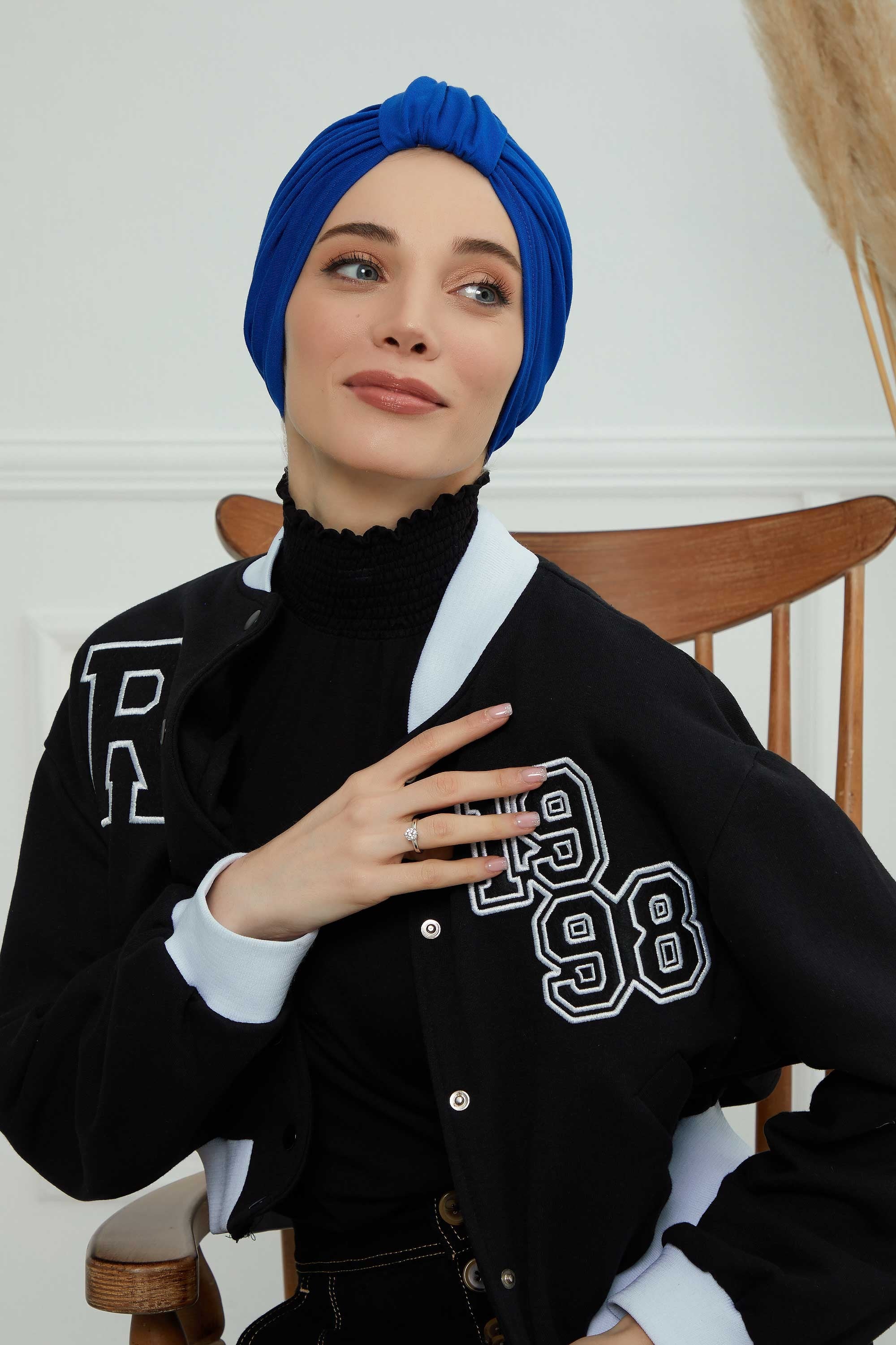 Chic Design Cotton Instant Turban Hijab for Women, Beautiful Pre-tied Turban Bonnet for Women, Trendy Fashionable Cancer Chemo Headwear,B-68 Sax Blue