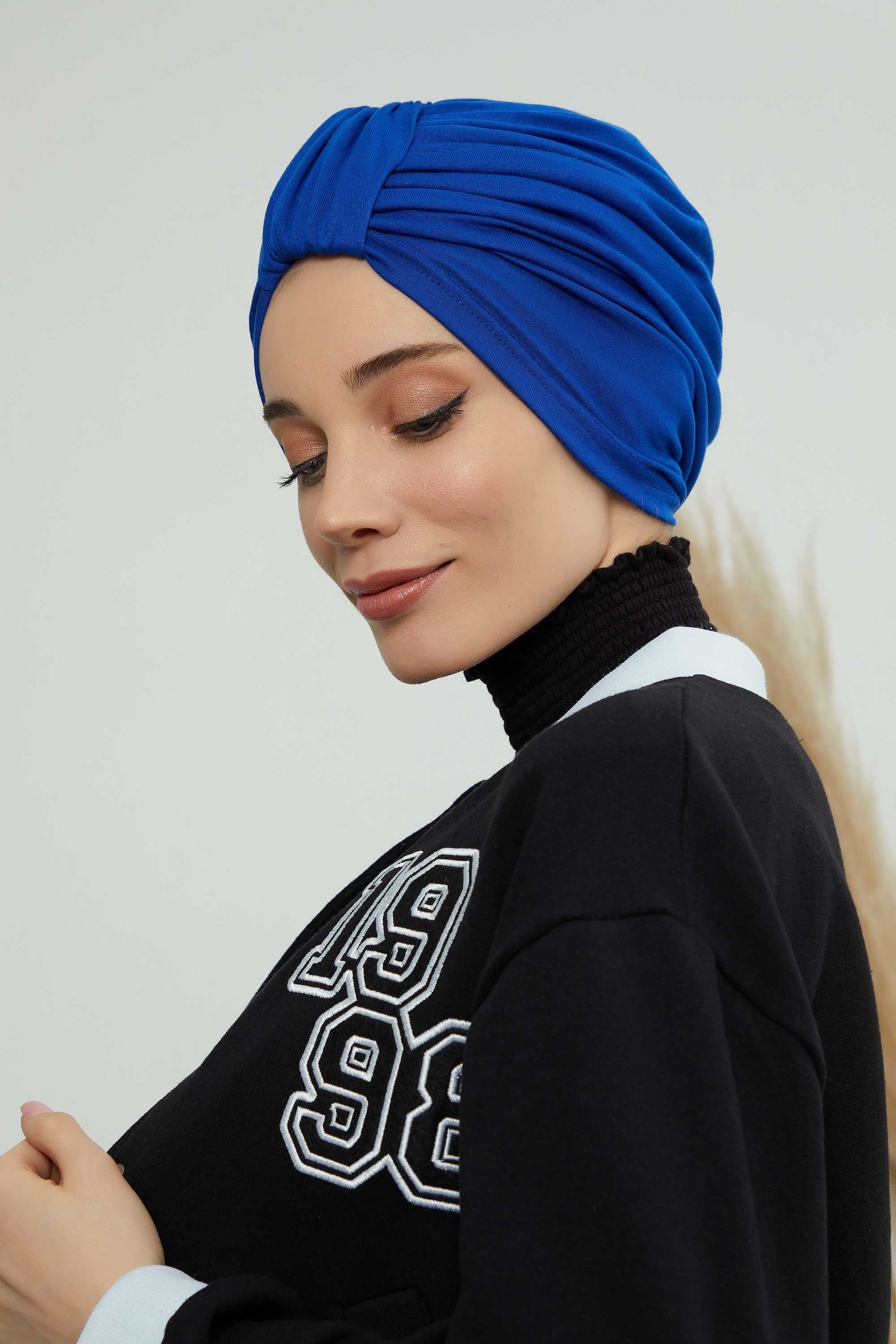 Chic Design Cotton Instant Turban Hijab for Women, Beautiful Pre-tied Turban Bonnet for Women, Trendy Fashionable Cancer Chemo Headwear,B-68 Sax Blue