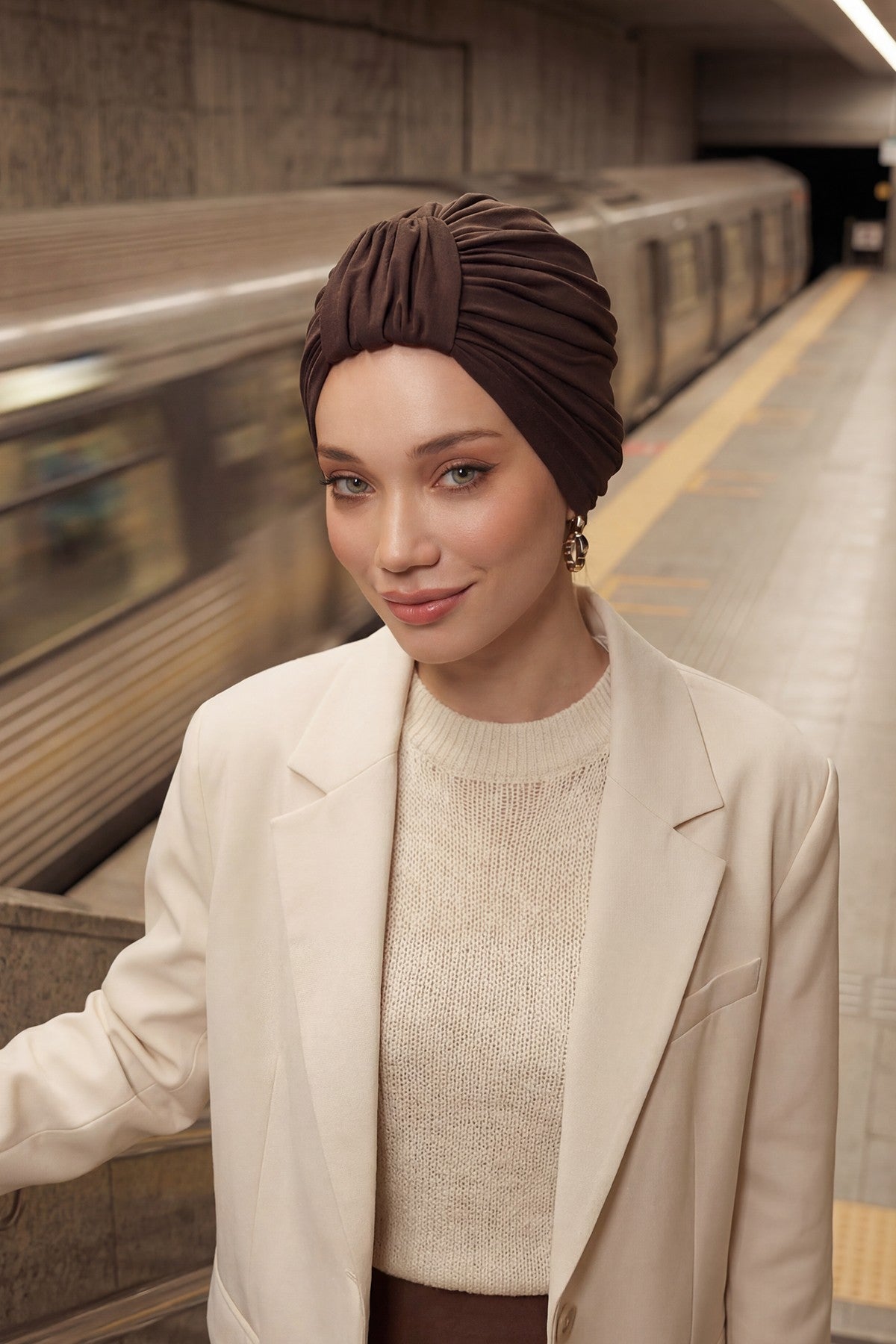 Chic Design Cotton Instant Turban Hijab for Women, Beautiful Pre-tied Turban Bonnet for Women, Trendy Fashionable Cancer Chemo Headwear,B-68 Brown