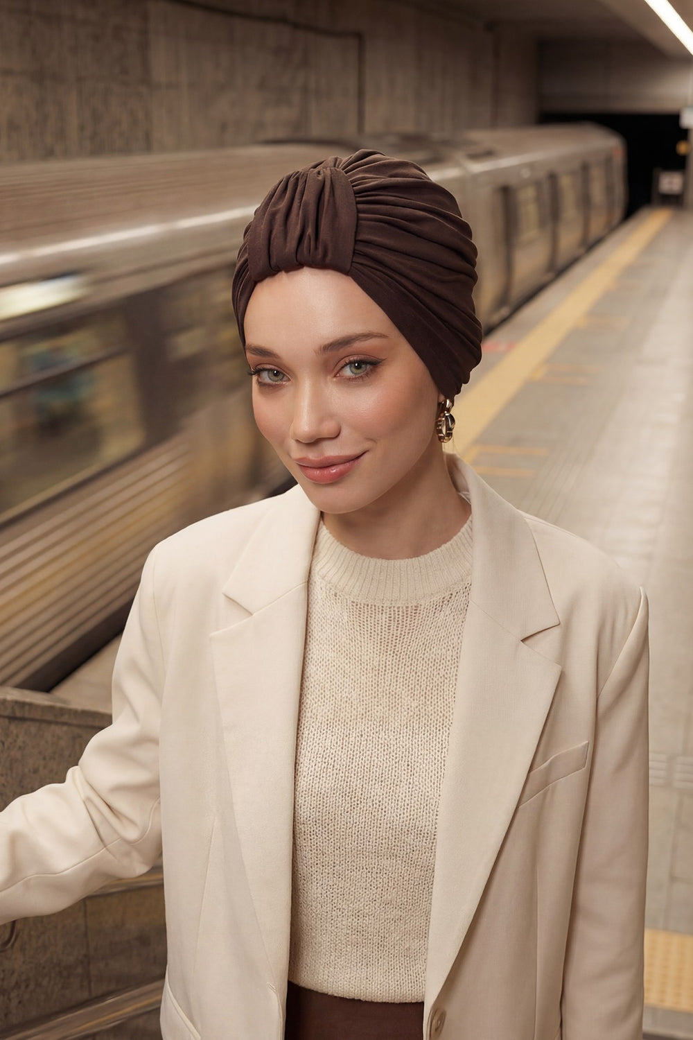 Chic Design Cotton Instant Turban Hijab for Women, Beautiful Pre-tied Turban Bonnet for Women, Trendy Fashionable Cancer Chemo Headwear,B-68 Brown