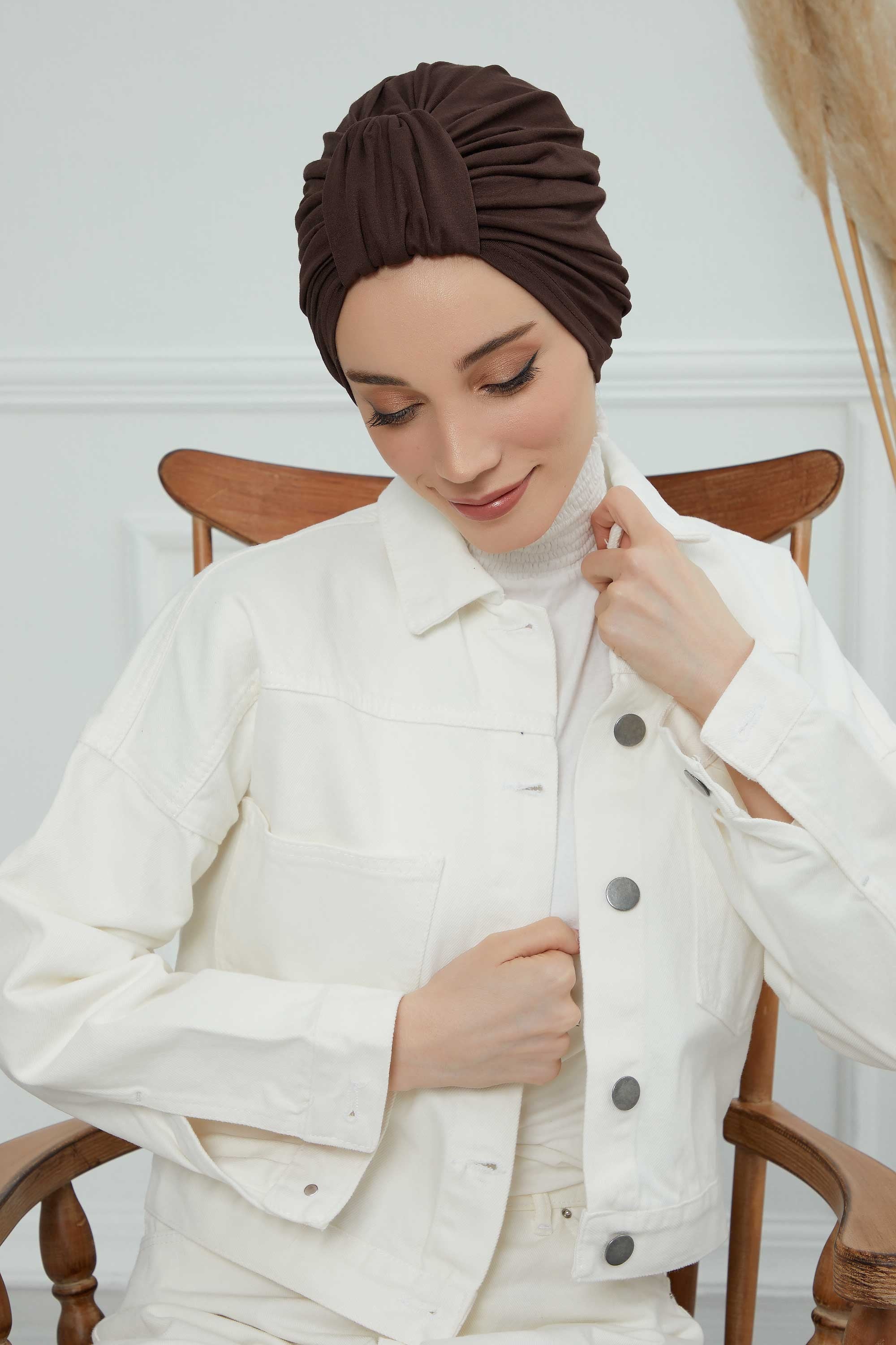 Chic Design Cotton Instant Turban Hijab for Women, Beautiful Pre-tied Turban Bonnet for Women, Trendy Fashionable Cancer Chemo Headwear,B-68 Brown