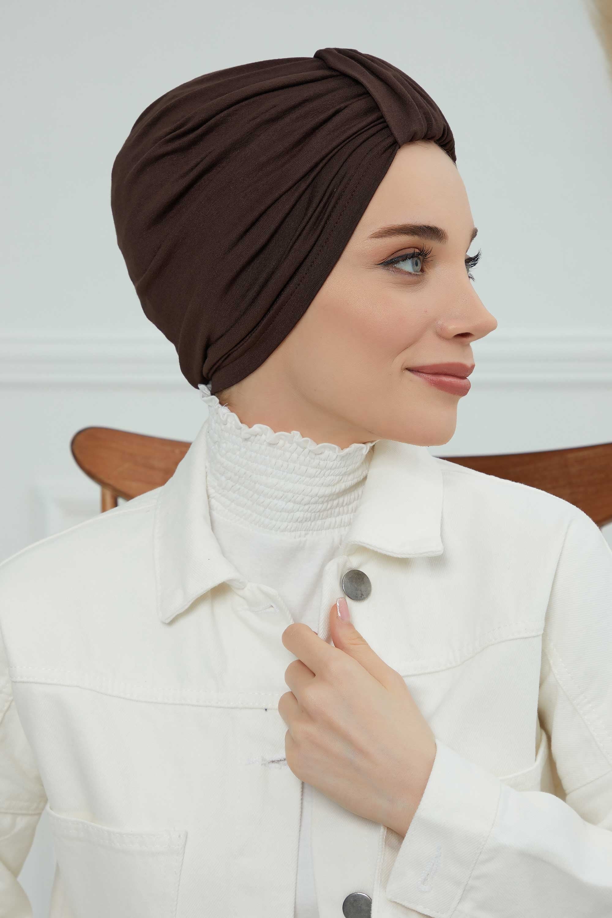 Chic Design Cotton Instant Turban Hijab for Women, Beautiful Pre-tied Turban Bonnet for Women, Trendy Fashionable Cancer Chemo Headwear,B-68 Brown