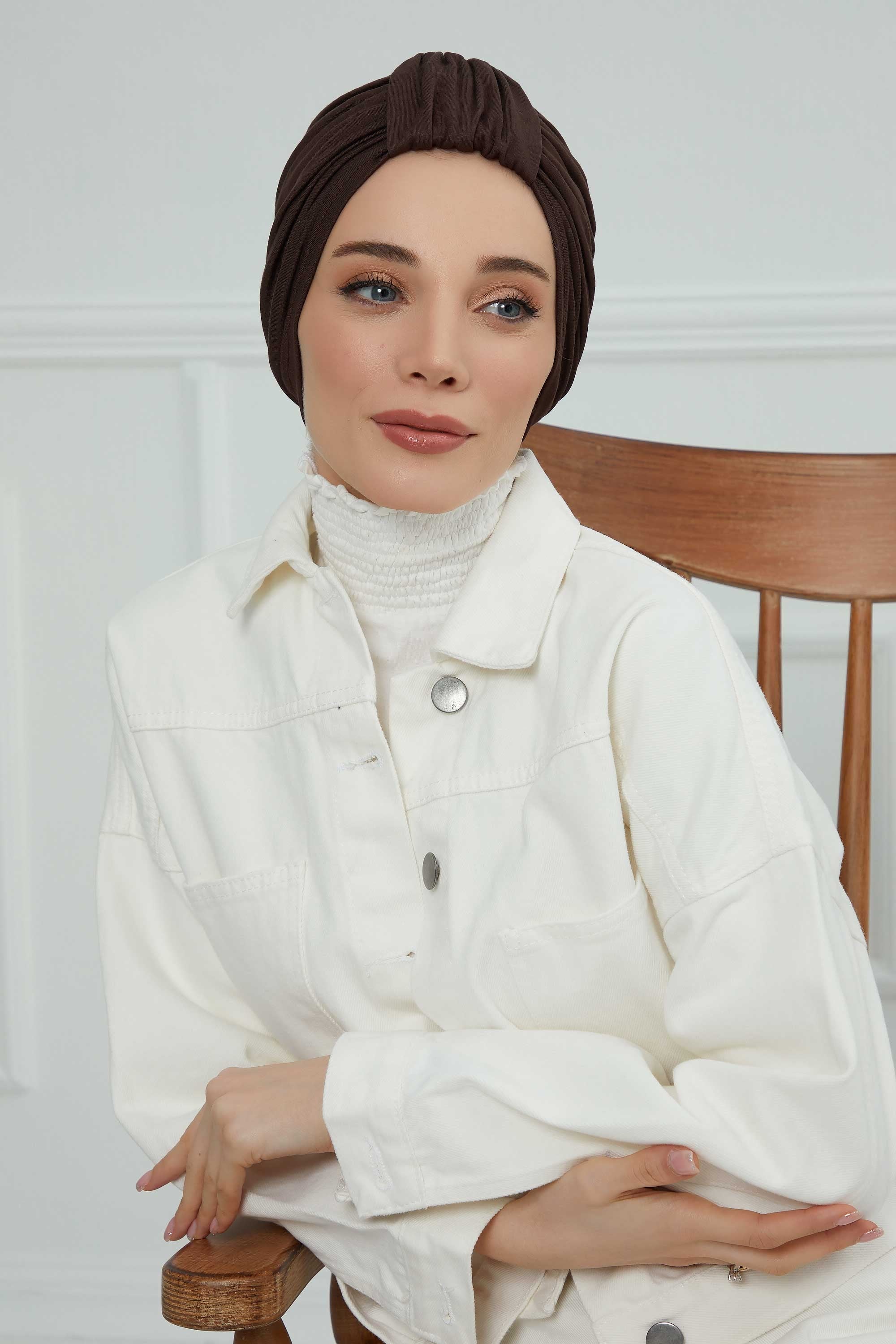 Chic Design Cotton Instant Turban Hijab for Women, Beautiful Pre-tied Turban Bonnet for Women, Trendy Fashionable Cancer Chemo Headwear,B-68 Brown