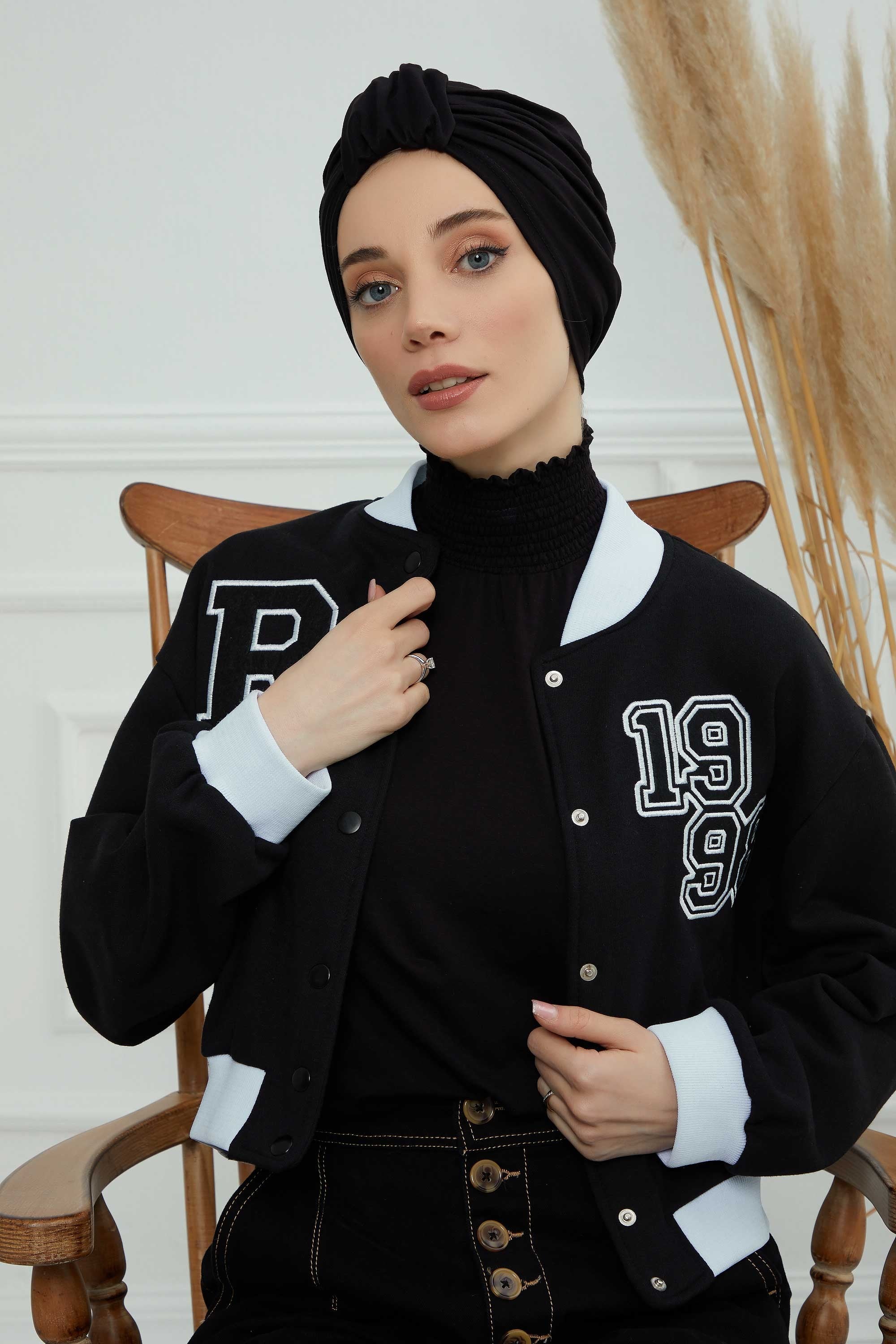 Chic Design Cotton Instant Turban Hijab for Women, Beautiful Pre-tied Turban Bonnet for Women, Trendy Fashionable Cancer Chemo Headwear,B-68 Black
