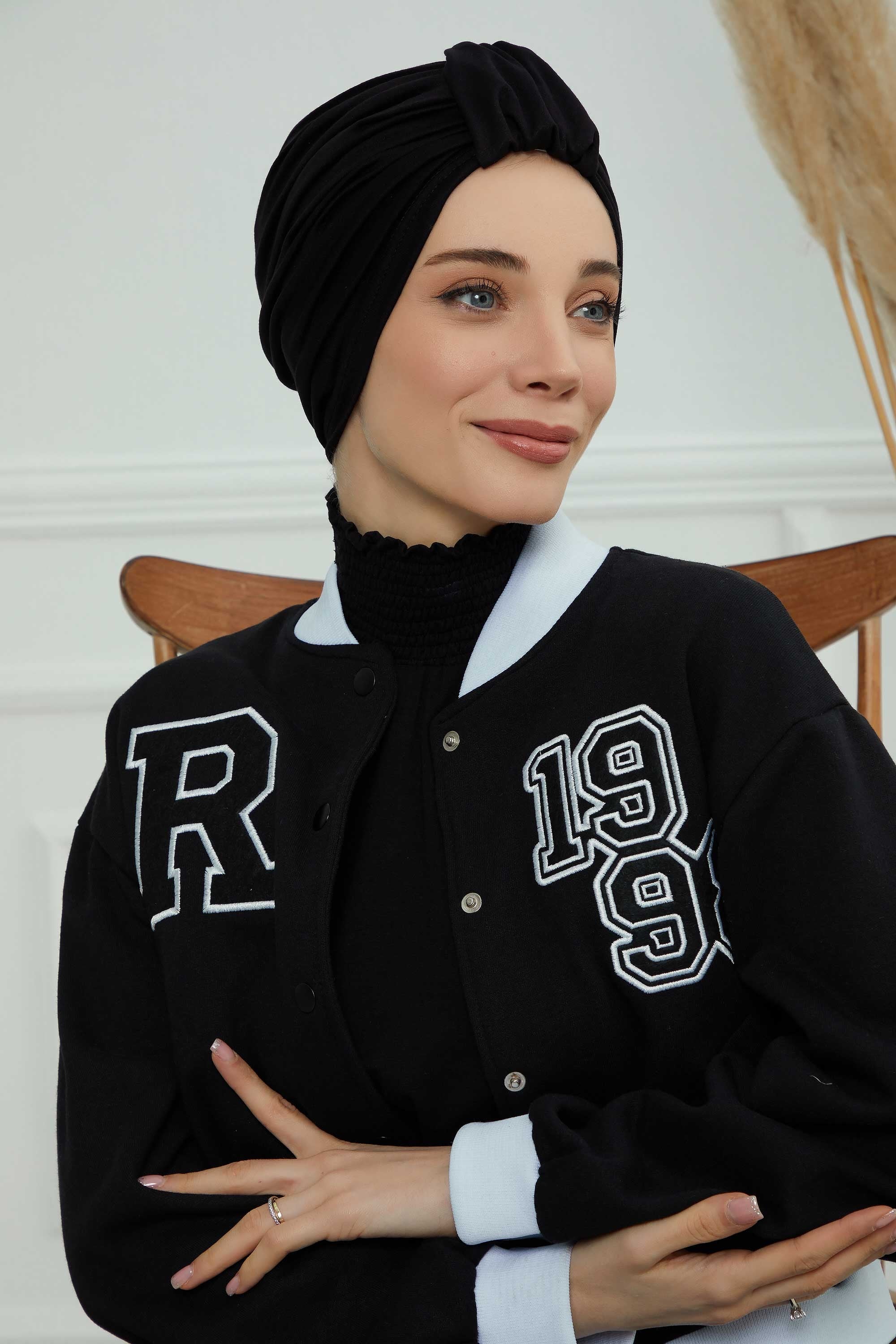 Chic Design Cotton Instant Turban Hijab for Women, Beautiful Pre-tied Turban Bonnet for Women, Trendy Fashionable Cancer Chemo Headwear,B-68 Black