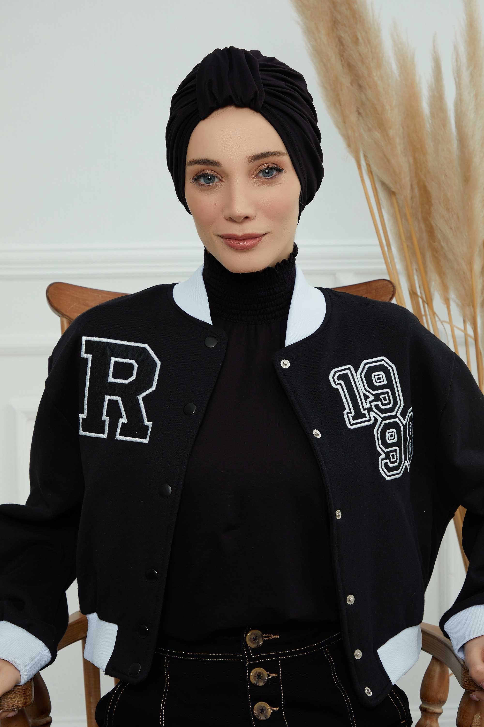 Chic Design Cotton Instant Turban Hijab for Women, Beautiful Pre-tied Turban Bonnet for Women, Trendy Fashionable Cancer Chemo Headwear,B-68 Black