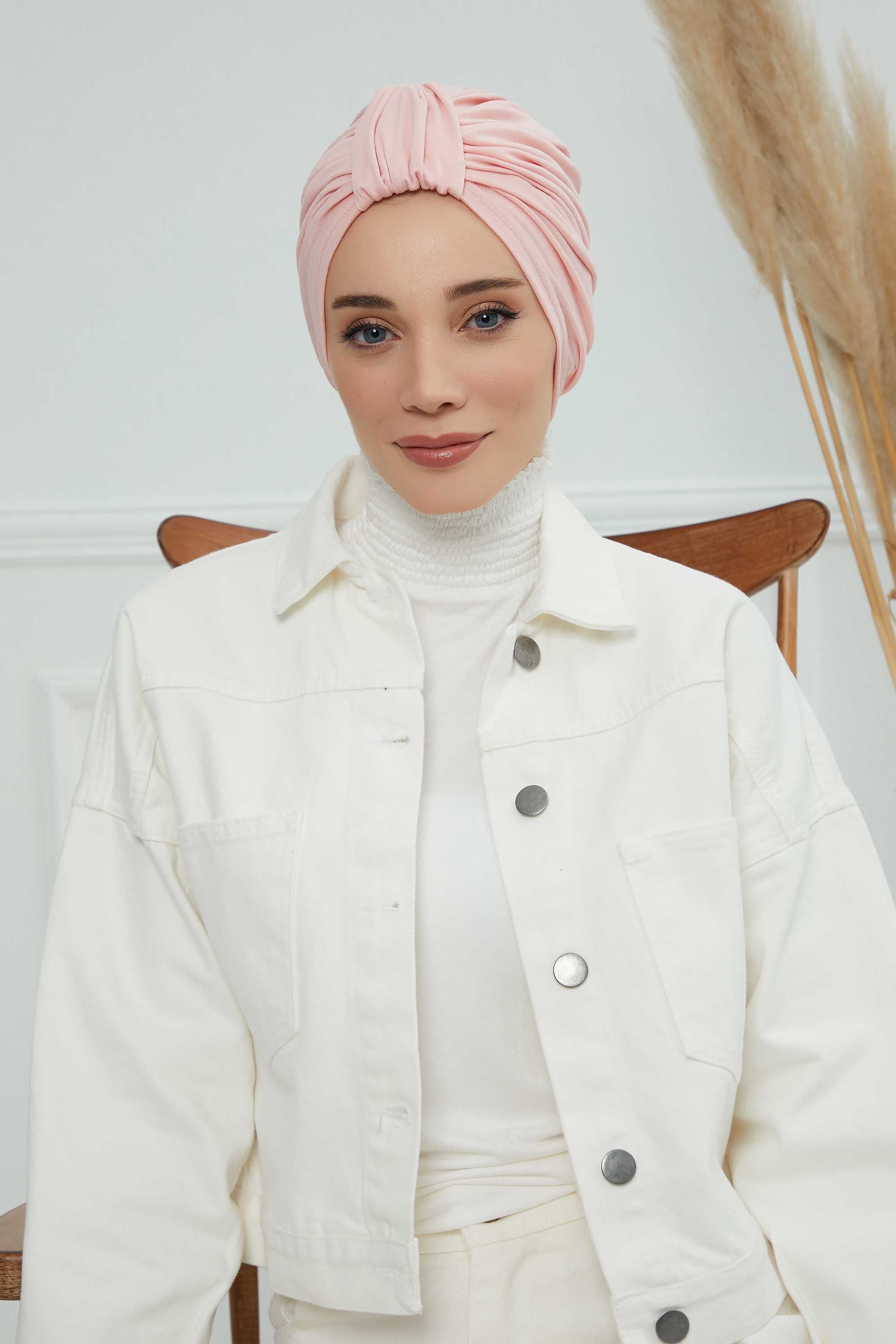 Chic Design Cotton Instant Turban Hijab for Women, Beautiful Pre-tied Turban Bonnet for Women, Trendy Fashionable Cancer Chemo Headwear,B-68 Powder