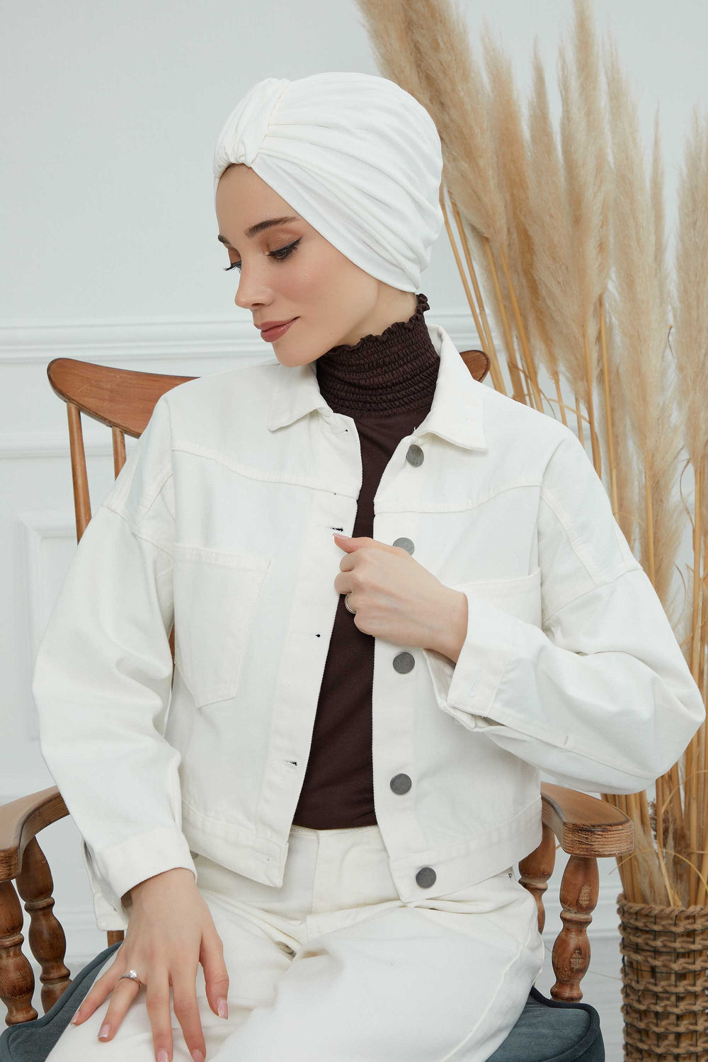 Chic Design Cotton Instant Turban Hijab for Women, Beautiful Pre-tied Turban Bonnet for Women, Trendy Fashionable Cancer Chemo Headwear,B-68 Ivory