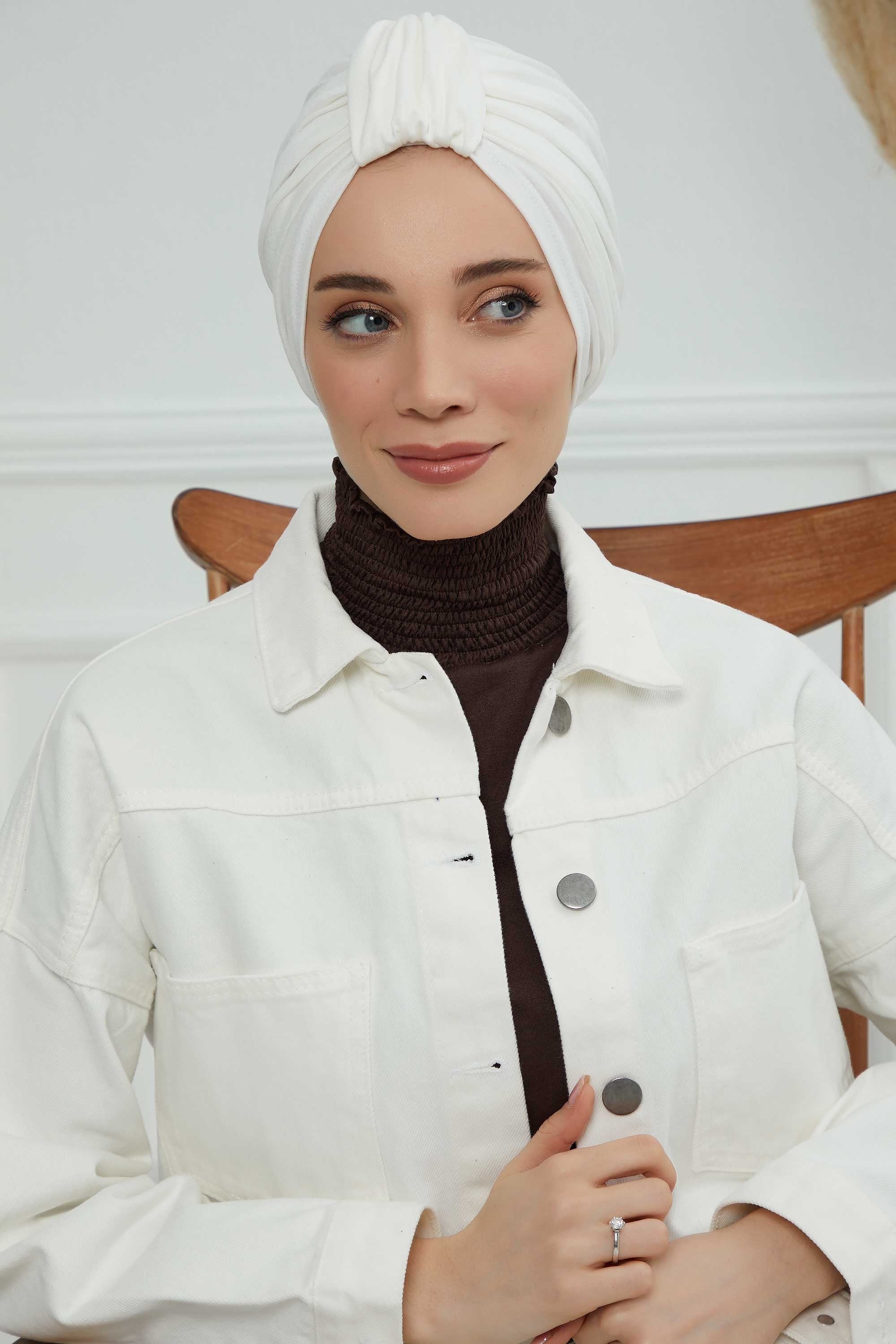Chic Design Cotton Instant Turban Hijab for Women, Beautiful Pre-tied Turban Bonnet for Women, Trendy Fashionable Cancer Chemo Headwear,B-68 Ivory