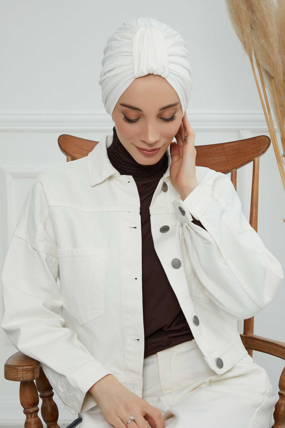 Chic Design Cotton Instant Turban Hijab for Women, Beautiful Pre-tied Turban Bonnet for Women, Trendy Fashionable Cancer Chemo Headwear,B-68 Ivory