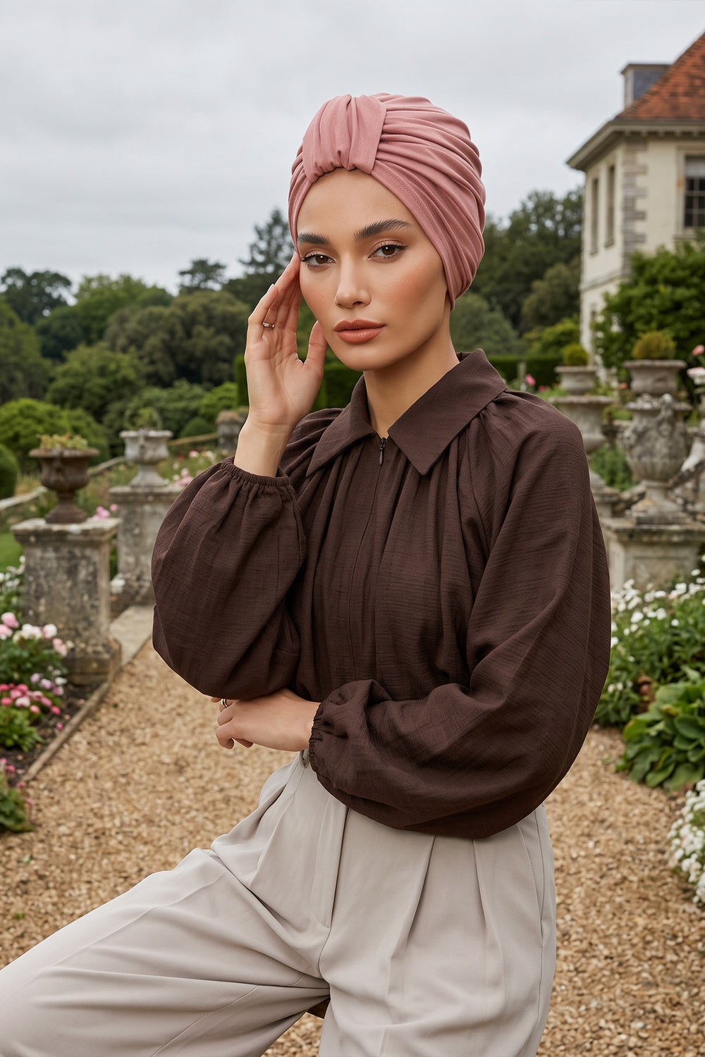 Chic Design Cotton Instant Turban Hijab for Women, Beautiful Pre-tied Turban Bonnet for Women, Trendy Fashionable Cancer Chemo Headwear,B-68 Cappucino