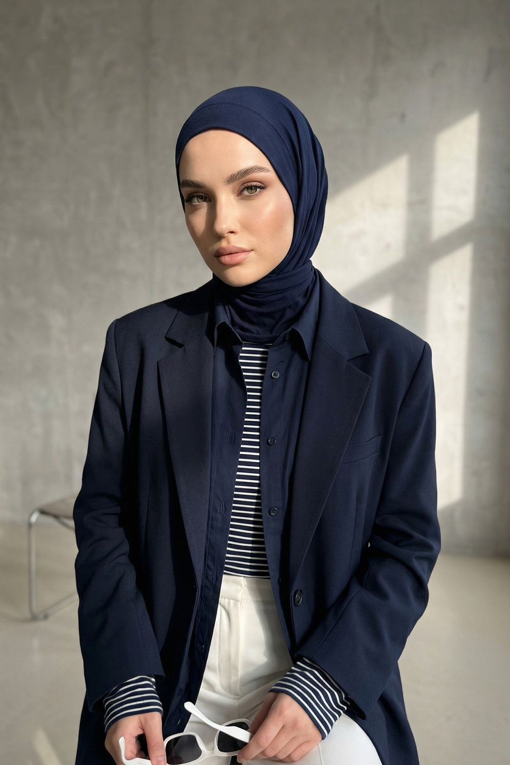 Chic Easy Wrap Hijab Cover for Women, Trendy Hijab for Stylish Look, Soft Comfortable Turban Head Covering, Chic Single Color Headscarf,B-45 Navy Blue