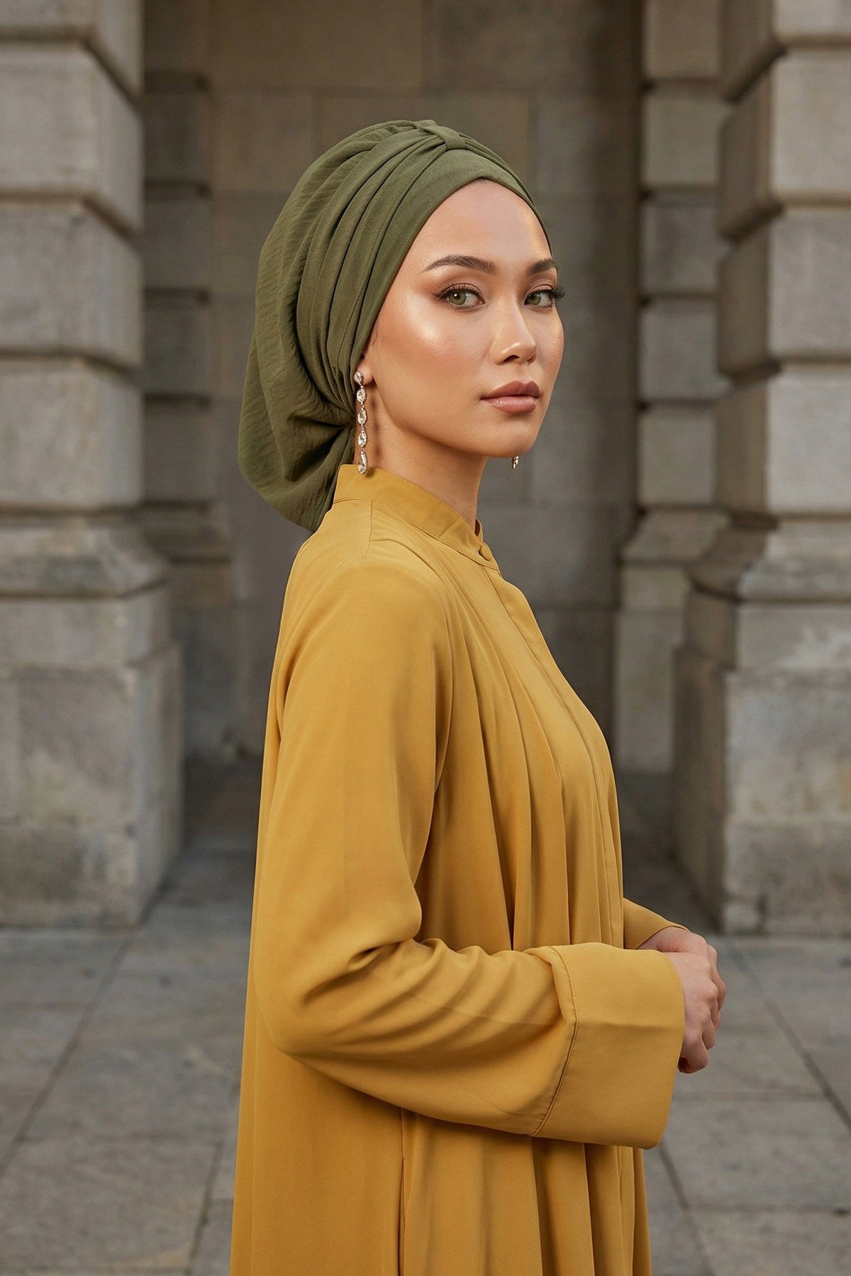 Chic Instant Turban Hat for Women, Modest Fashion Head Cover with Aerobin Fabric, Easy Slip-On Hijab Cap for Everyday Use,HT-90 Army Green