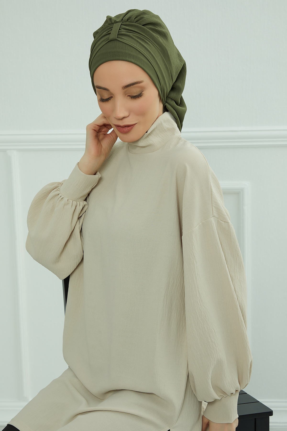 Chic Instant Turban Hat for Women, Modest Fashion Head Cover with Aerobin Fabric, Easy Slip-On Hijab Cap for Everyday Use,HT-90 Army Green