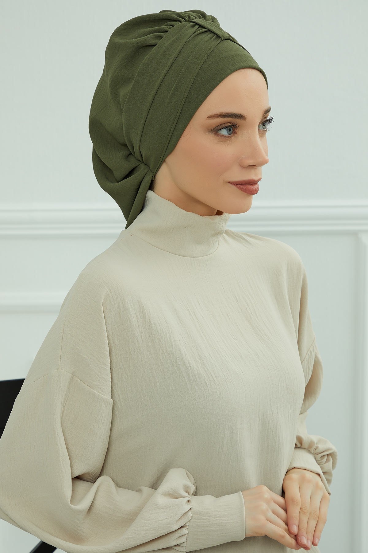 Chic Instant Turban Hat for Women, Modest Fashion Head Cover with Aerobin Fabric, Easy Slip-On Hijab Cap for Everyday Use,HT-90 Army Green