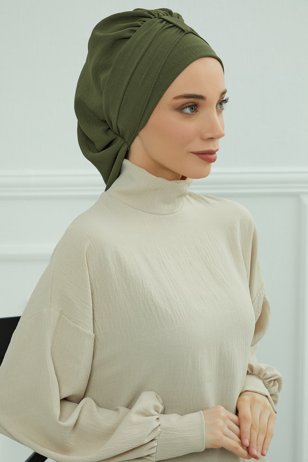 Chic Instant Turban Hat for Women, Modest Fashion Head Cover with Aerobin Fabric, Easy Slip-On Hijab Cap for Everyday Use,HT-90 Army Green