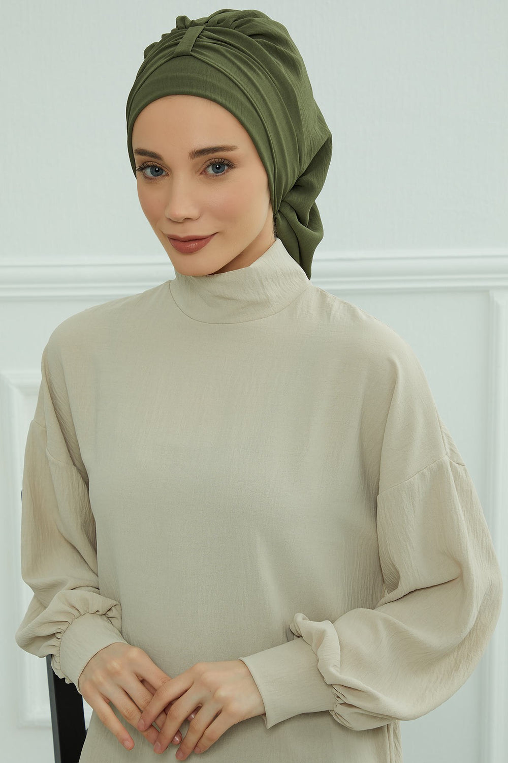 Chic Instant Turban Hat for Women, Modest Fashion Head Cover with Aerobin Fabric, Easy Slip-On Hijab Cap for Everyday Use,HT-90 Army Green