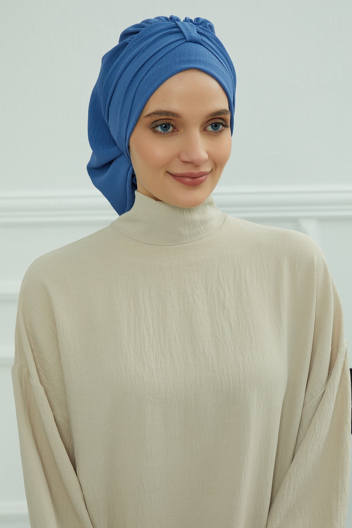 Chic Instant Turban Hat for Women, Modest Fashion Head Cover with Aerobin Fabric, Easy Slip-On Hijab Cap for Everyday Use,HT-90 Blue