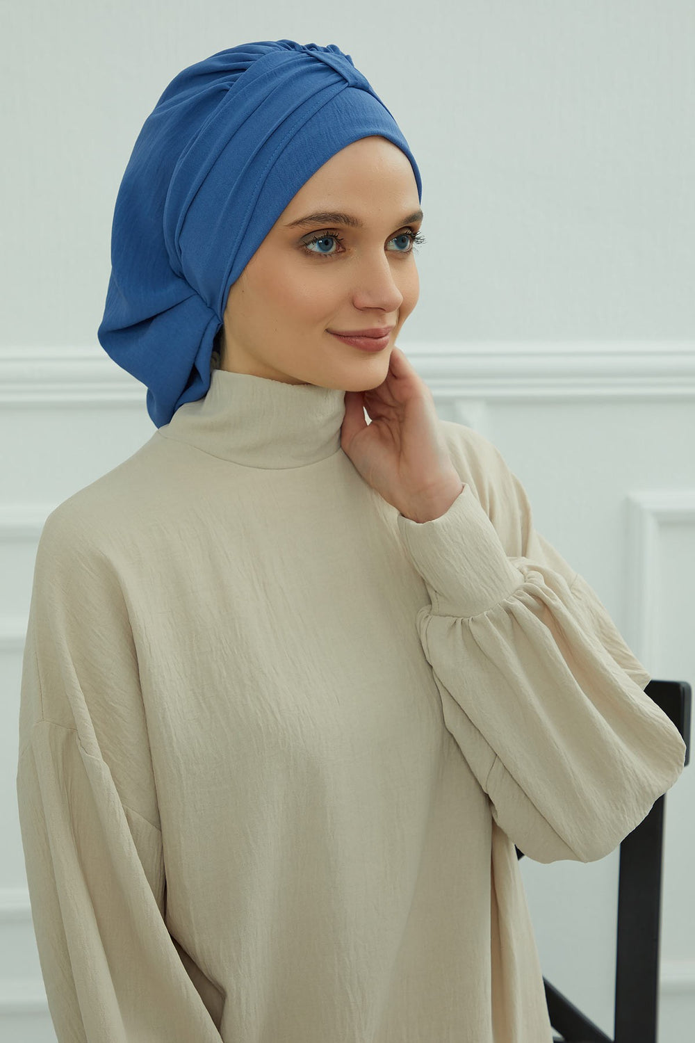 Chic Instant Turban Hat for Women, Modest Fashion Head Cover with Aerobin Fabric, Easy Slip-On Hijab Cap for Everyday Use,HT-90 Blue