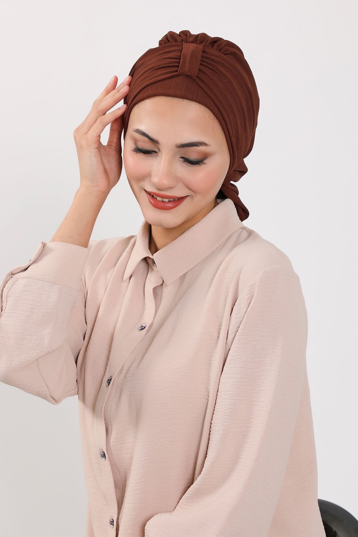 Chic Instant Turban Hat for Women, Modest Fashion Head Cover with Aerobin Fabric, Easy Slip-On Hijab Cap for Everyday Use,HT-90 Brown