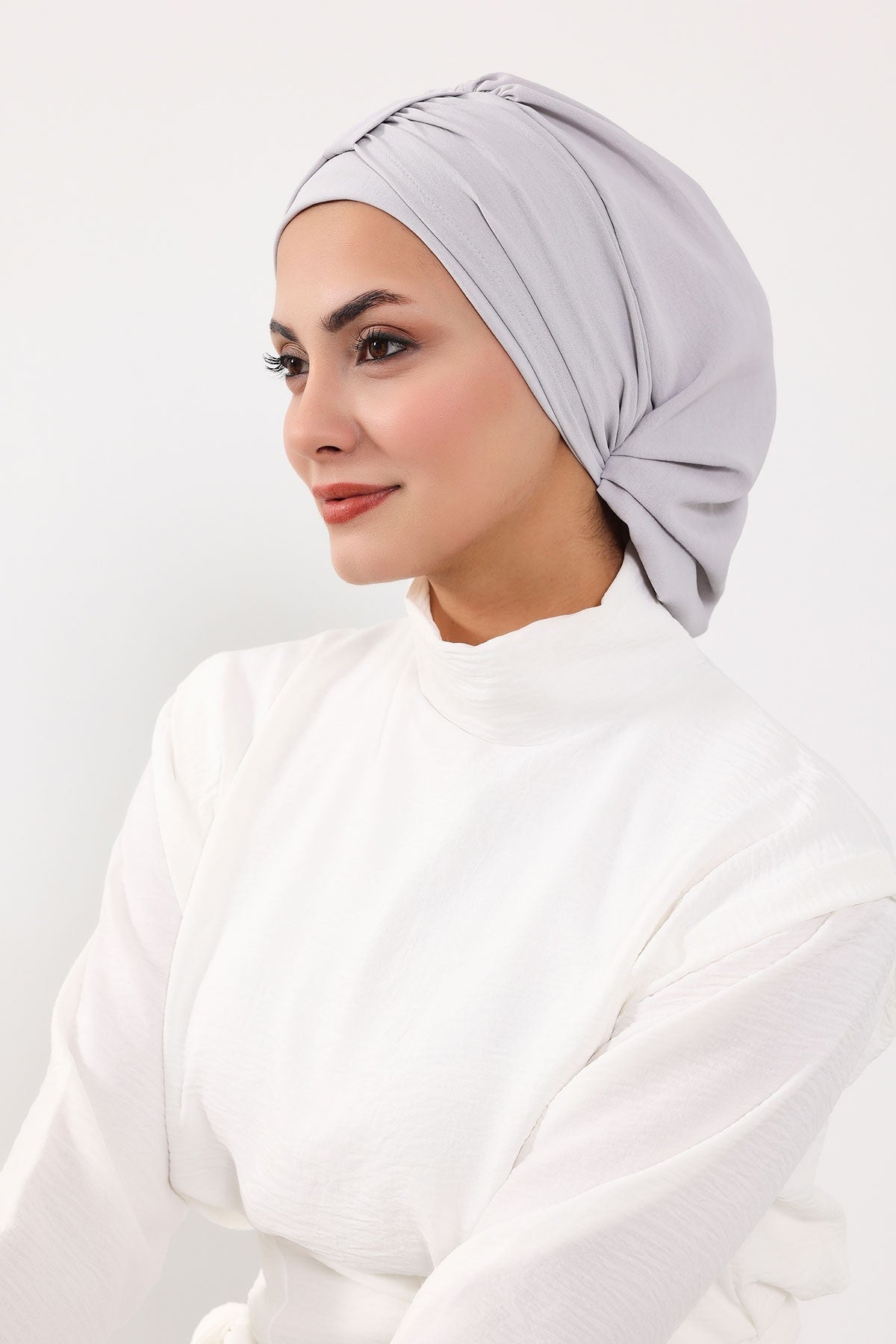 Chic Instant Turban Hat for Women, Modest Fashion Head Cover with Aerobin Fabric, Easy Slip-On Hijab Cap for Everyday Use,HT-90 Light Grey