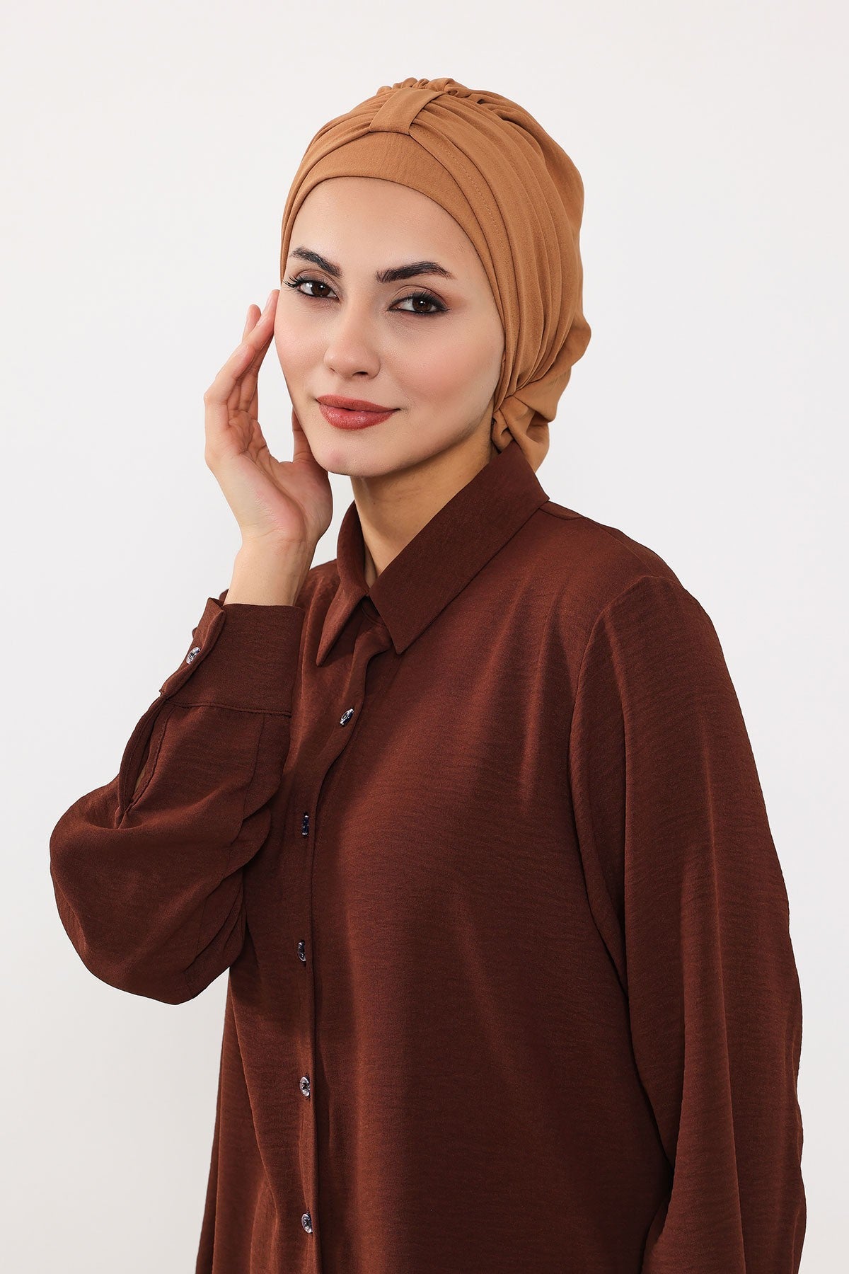 Chic Instant Turban Hat for Women, Modest Fashion Head Cover with Aerobin Fabric, Easy Slip-On Hijab Cap for Everyday Use,HT-90 Camel