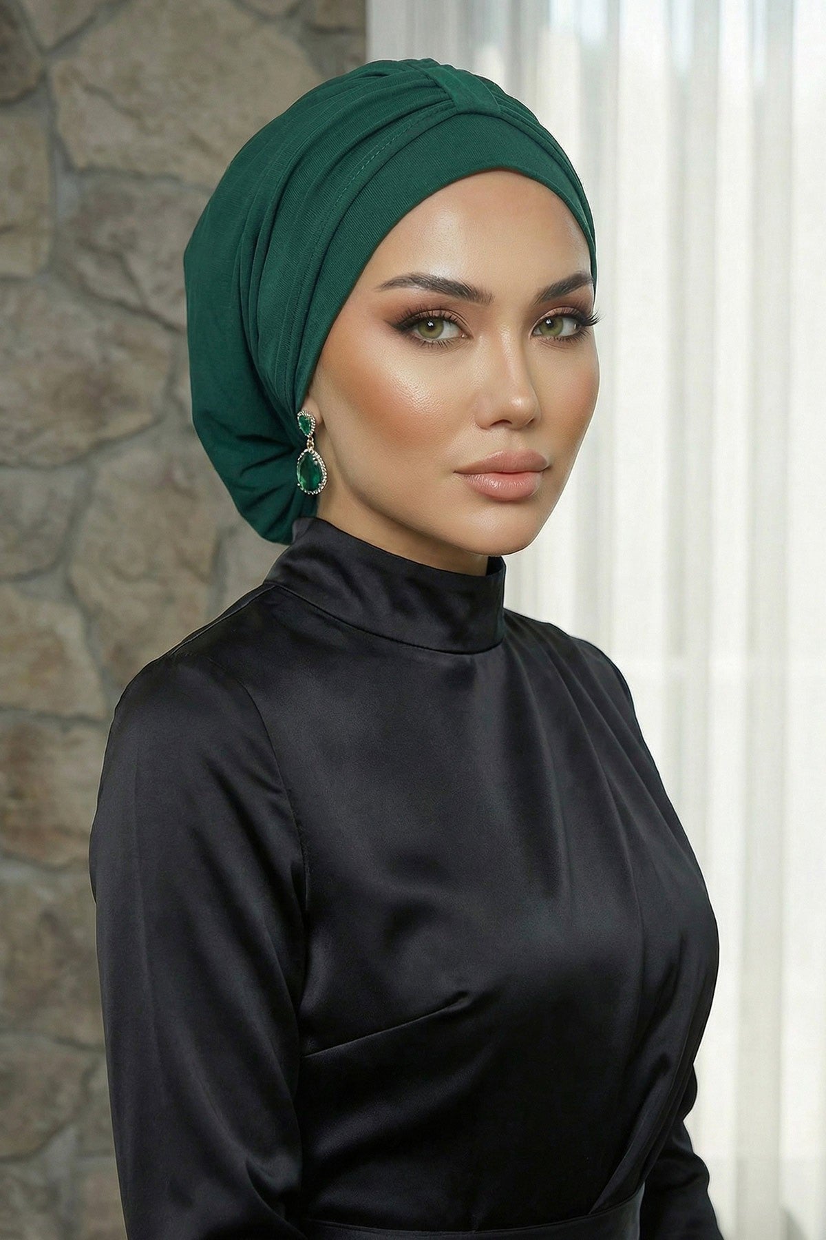 Chic Instant Turban Hat for Women, Modest Fashion Head Cover with Aerobin Fabric, Easy Slip-On Hijab Cap for Everyday Use,HT-90 Dark Green