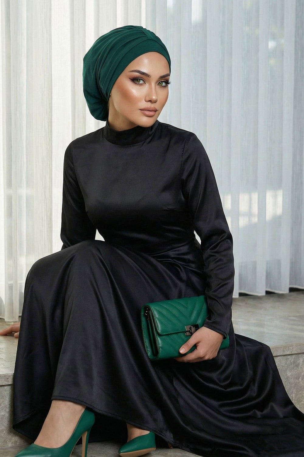 Chic Instant Turban Hat for Women, Modest Fashion Head Cover with Aerobin Fabric, Easy Slip-On Hijab Cap for Everyday Use,HT-90 Dark Green