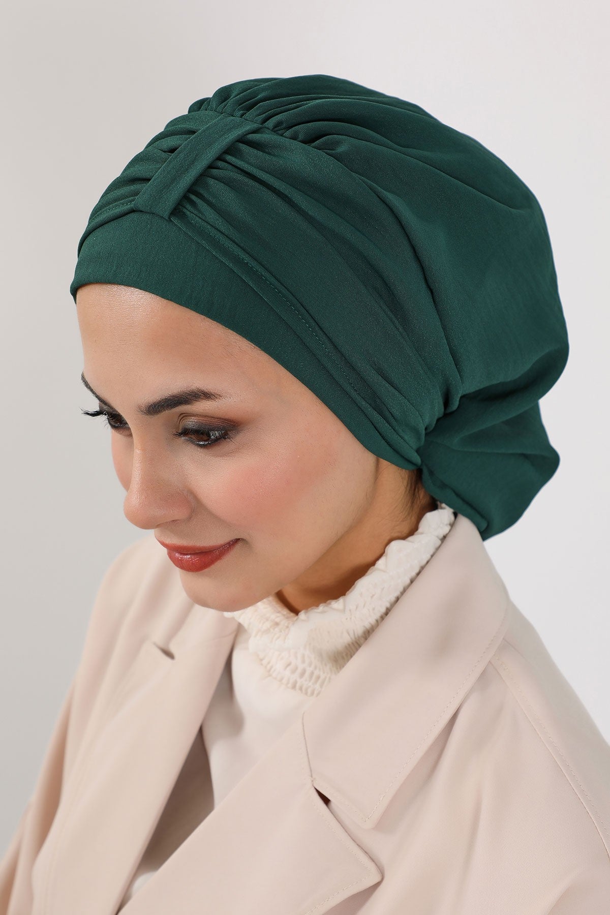 Chic Instant Turban Hat for Women, Modest Fashion Head Cover with Aerobin Fabric, Easy Slip-On Hijab Cap for Everyday Use,HT-90 Dark Green