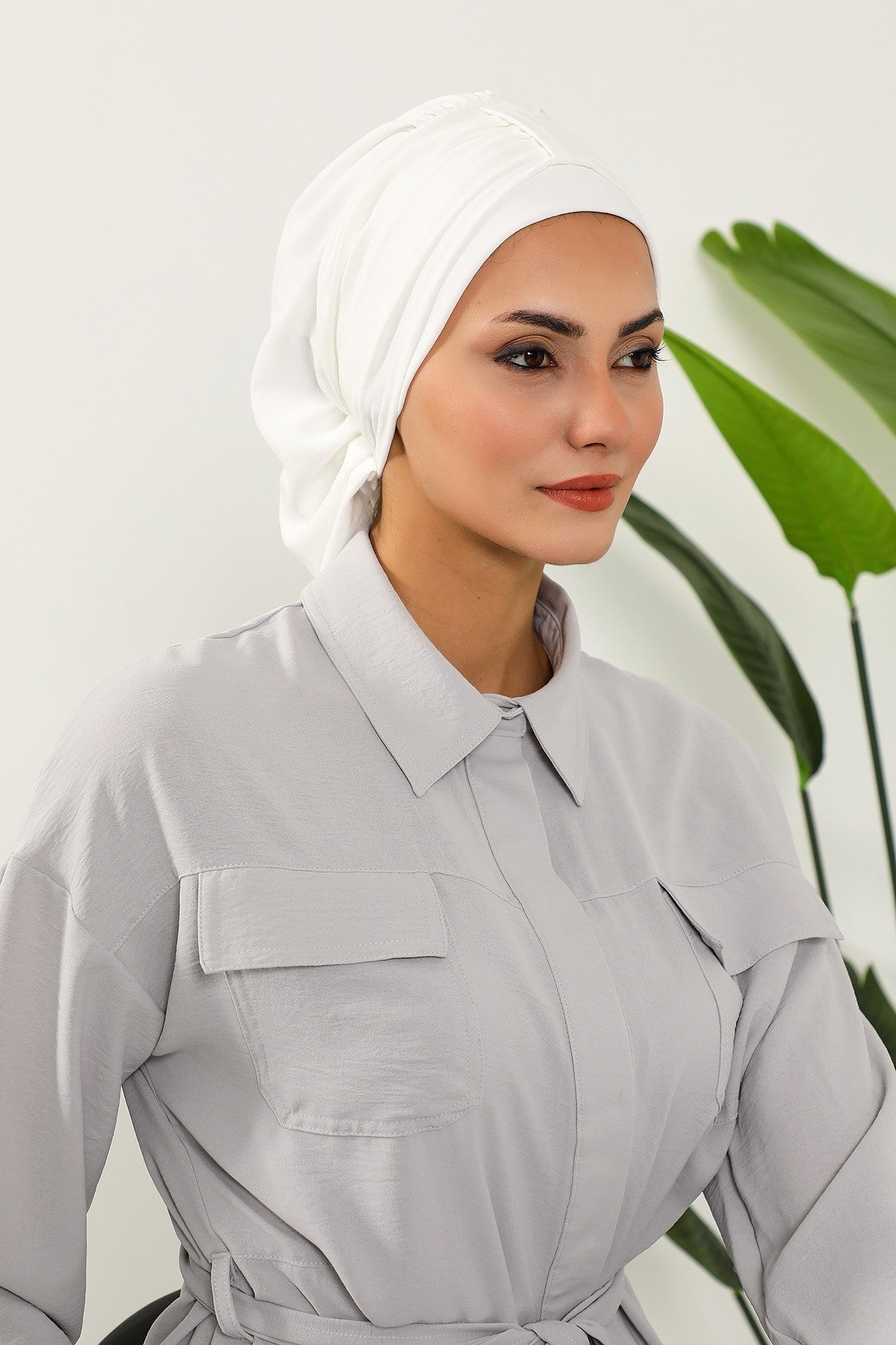 Chic Instant Turban Hat for Women, Modest Fashion Head Cover with Aerobin Fabric, Easy Slip-On Hijab Cap for Everyday Use,HT-90 Ecru