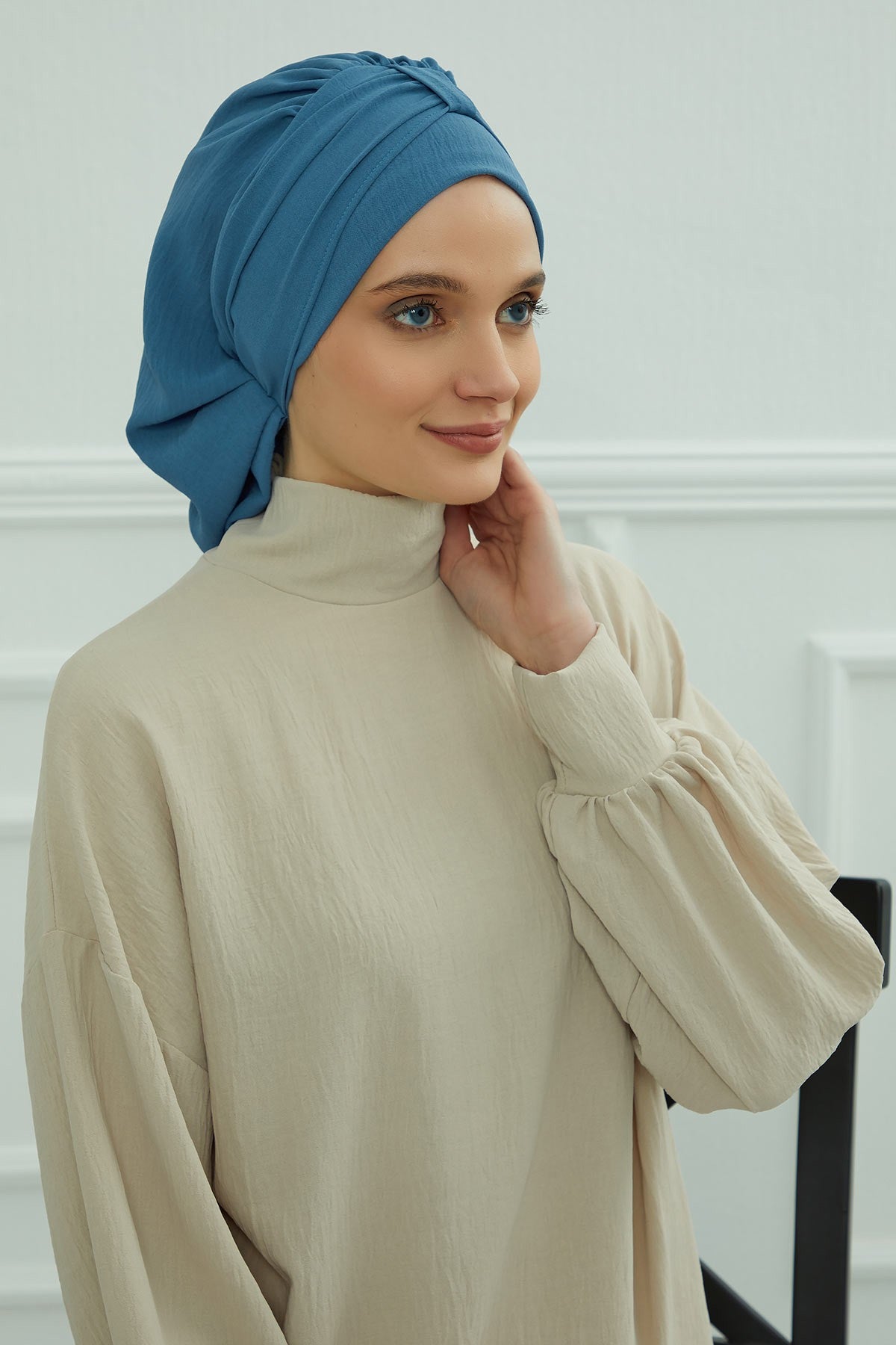 Chic Instant Turban Hat for Women, Modest Fashion Head Cover with Aerobin Fabric, Easy Slip-On Hijab Cap for Everyday Use,HT-90 İndigo