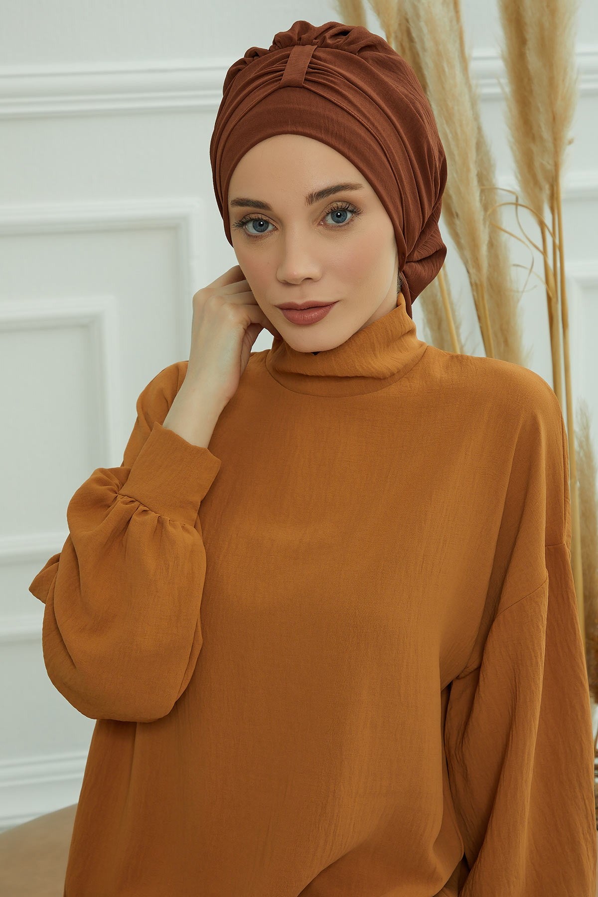 Chic Instant Turban Hat for Women, Modest Fashion Head Cover with Aerobin Fabric, Easy Slip-On Hijab Cap for Everyday Use,HT-90 Cinnamon