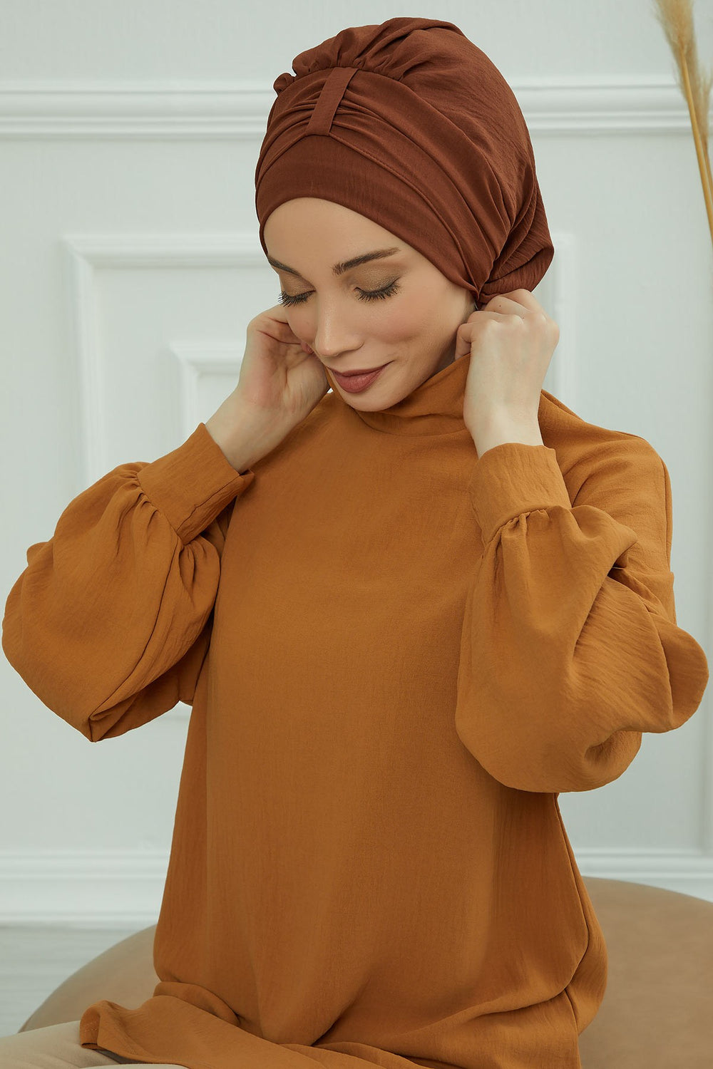Chic Instant Turban Hat for Women, Modest Fashion Head Cover with Aerobin Fabric, Easy Slip-On Hijab Cap for Everyday Use,HT-90 Cinnamon