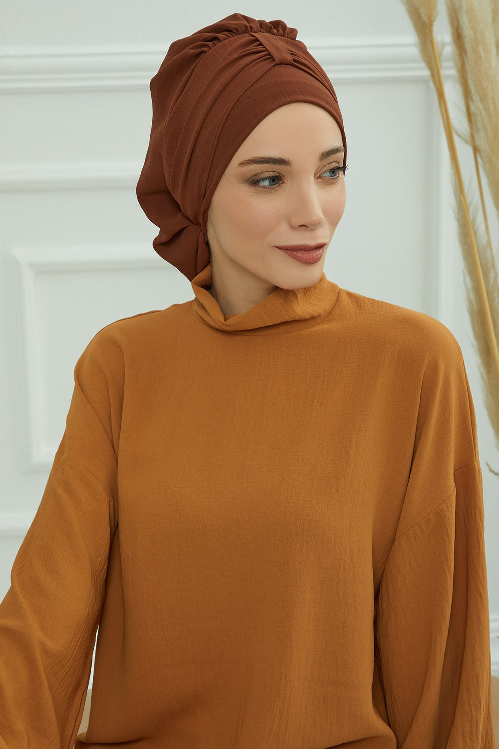 Chic Instant Turban Hat for Women, Modest Fashion Head Cover with Aerobin Fabric, Easy Slip-On Hijab Cap for Everyday Use,HT-90 Cinnamon