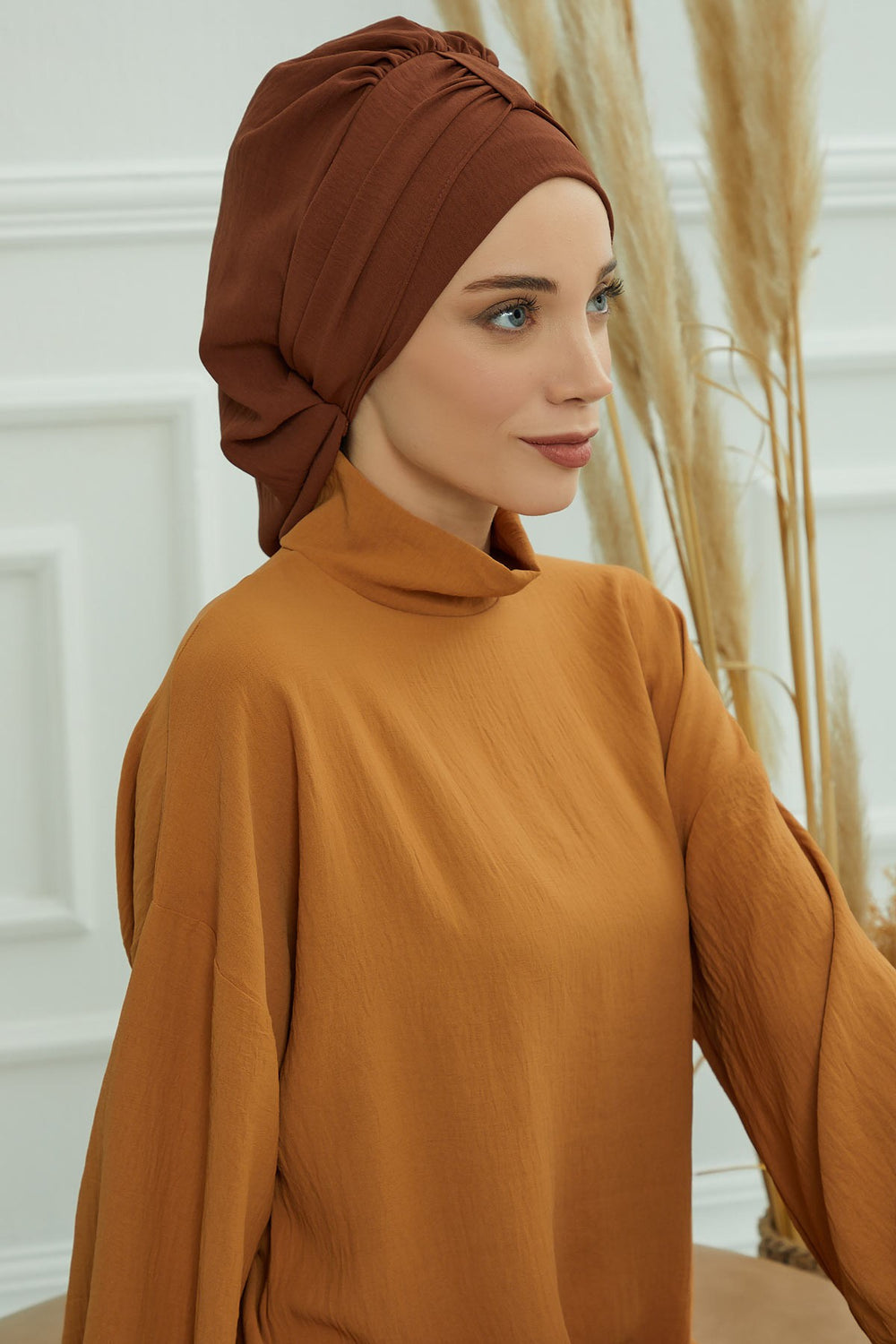 Chic Instant Turban Hat for Women, Modest Fashion Head Cover with Aerobin Fabric, Easy Slip-On Hijab Cap for Everyday Use,HT-90 Cinnamon