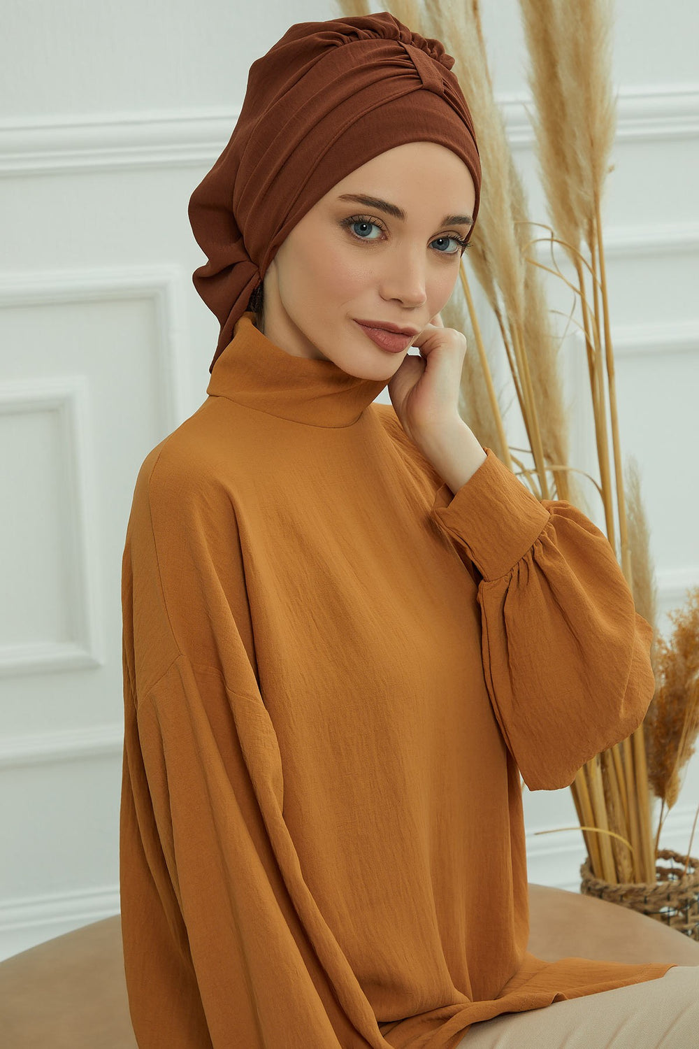 Chic Instant Turban Hat for Women, Modest Fashion Head Cover with Aerobin Fabric, Easy Slip-On Hijab Cap for Everyday Use,HT-90 Cinnamon