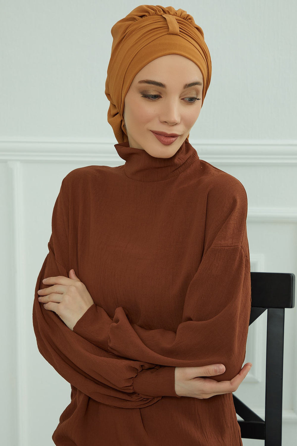 Chic Instant Turban Hat for Women, Modest Fashion Head Cover with Aerobin Fabric, Easy Slip-On Hijab Cap for Everyday Use,HT-90 Tawny Brown