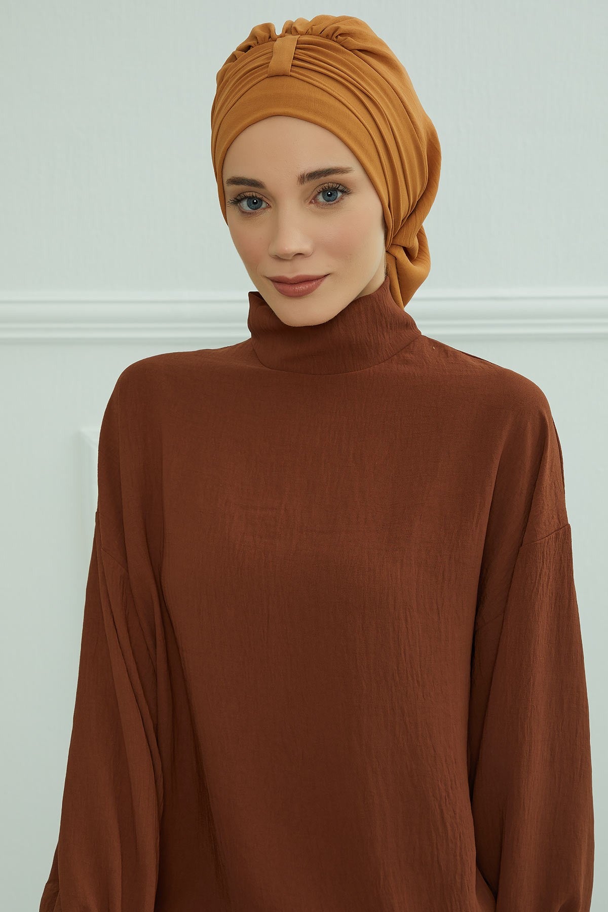 Chic Instant Turban Hat for Women, Modest Fashion Head Cover with Aerobin Fabric, Easy Slip-On Hijab Cap for Everyday Use,HT-90 Tawny Brown